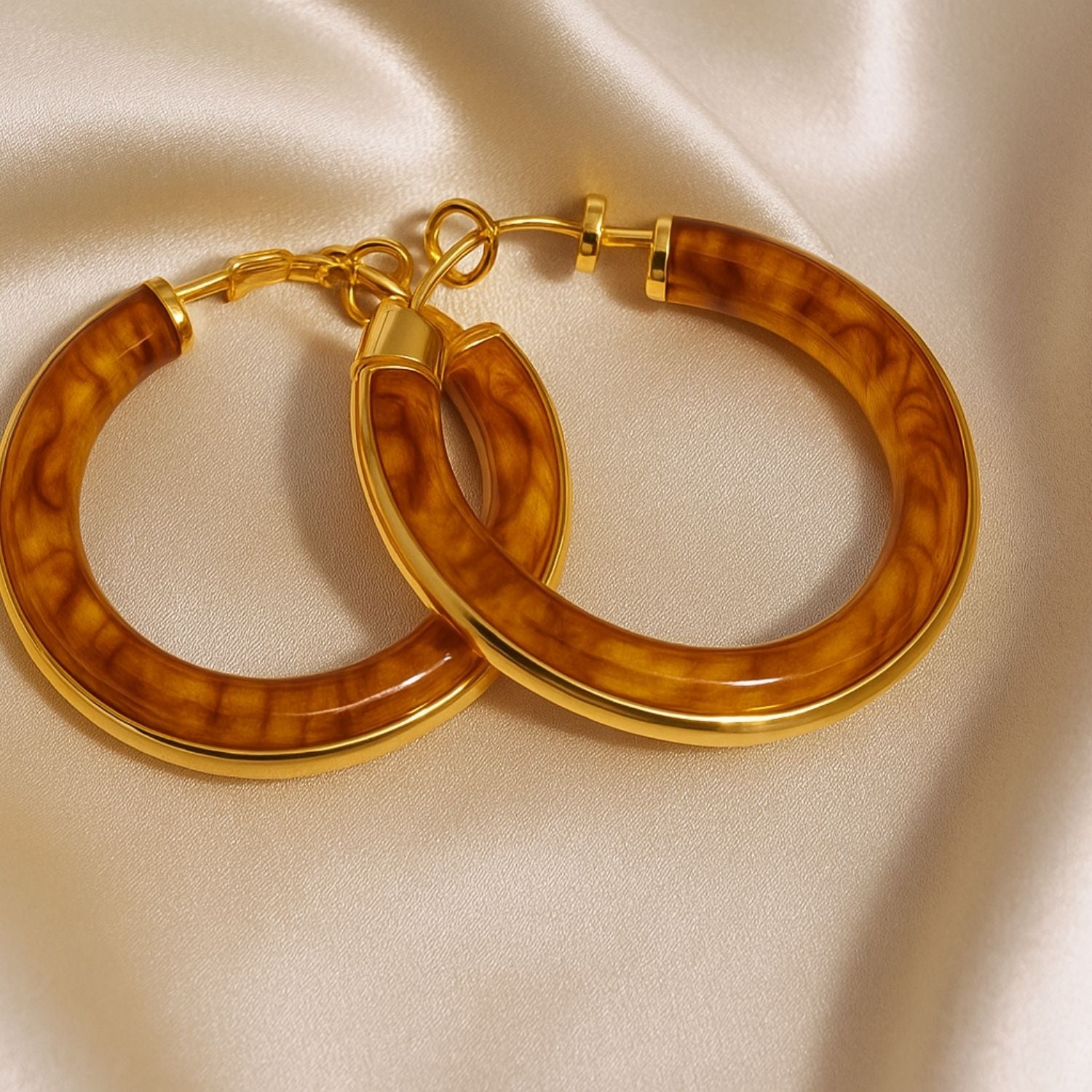 Glossy Amber Resin Gold Hoop Earrings – Bold Round Statement Hoops for Women & Girls