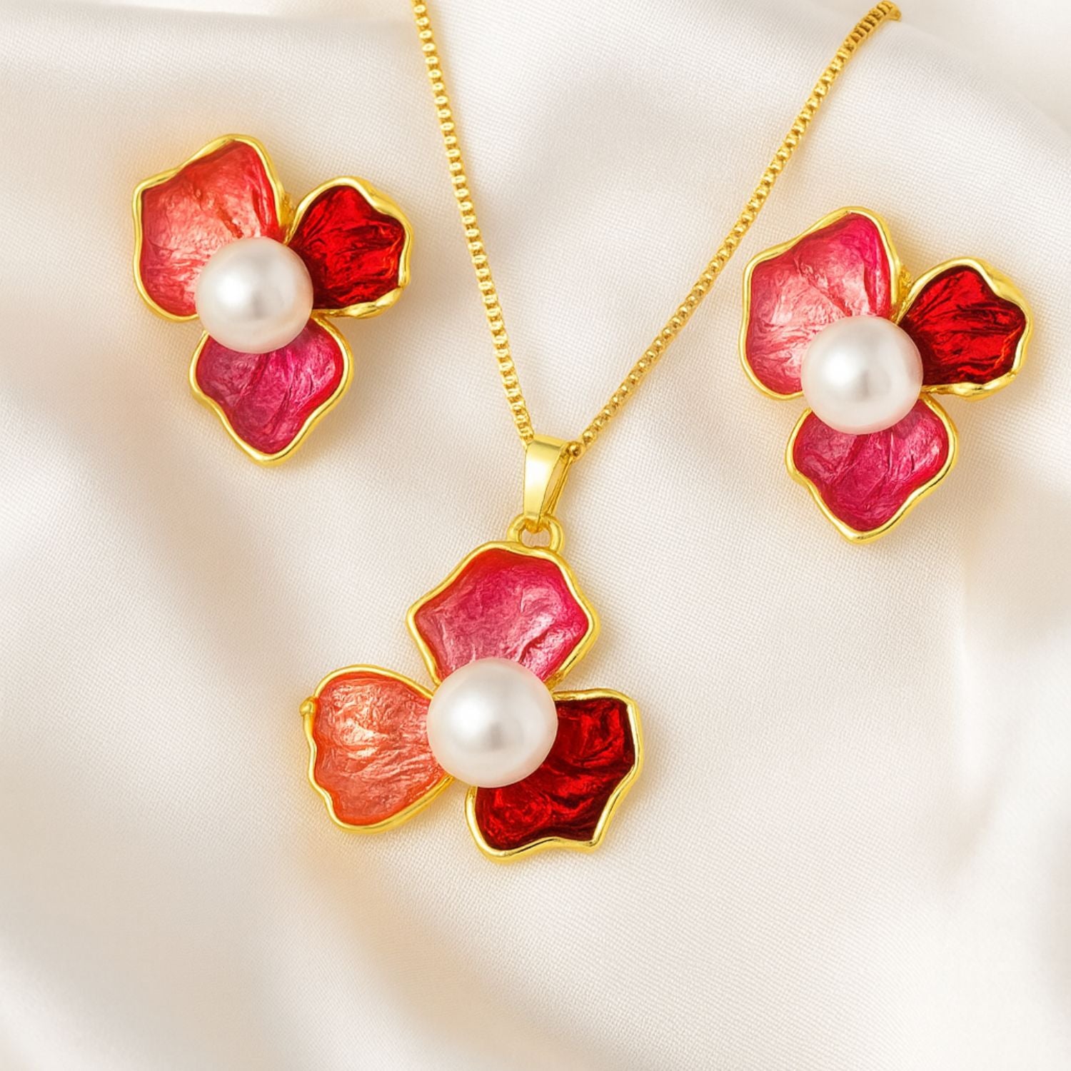Floral Pearl Necklace & Earrings Set (Gold-Tone, Red/Pink)