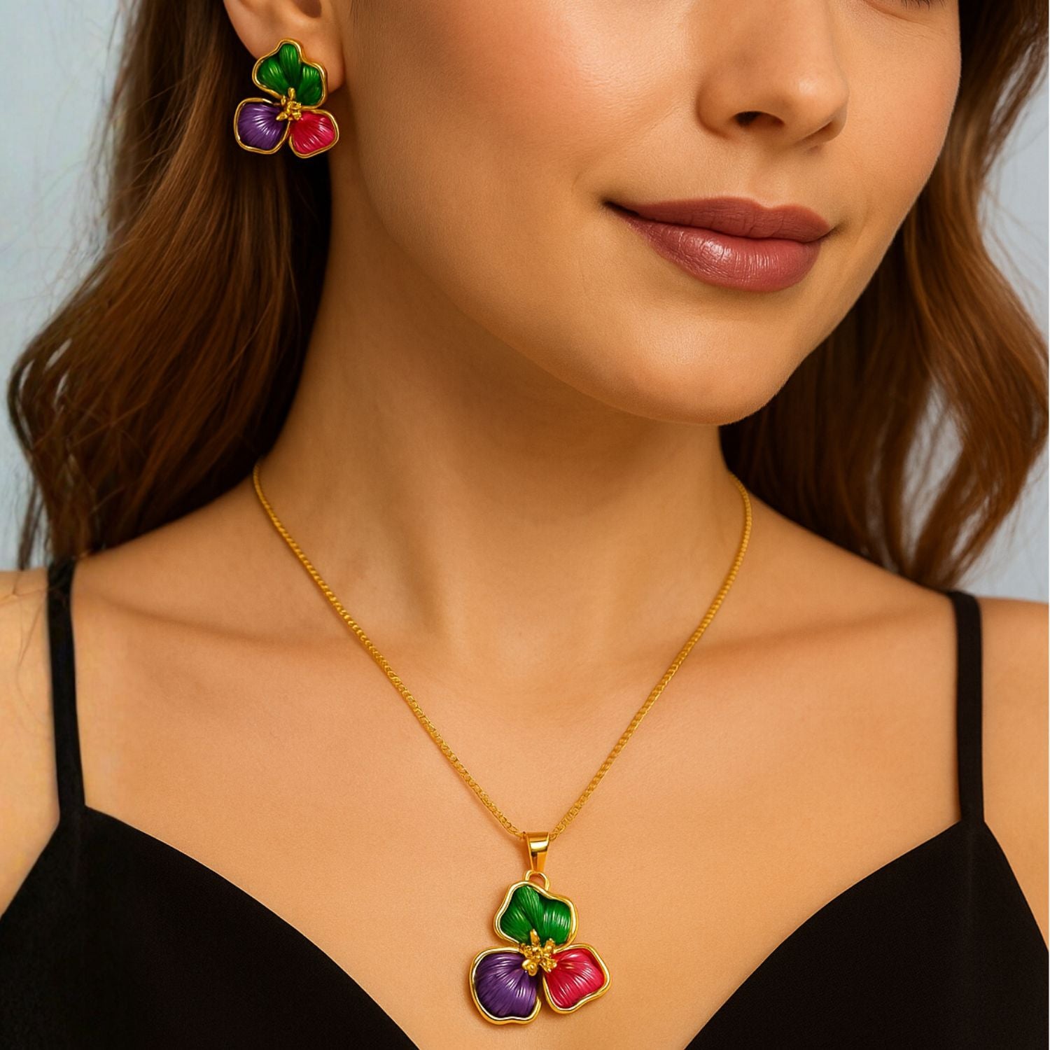 Multicolor Enamel Floral Necklace & Earrings Set (Gold-Tone)