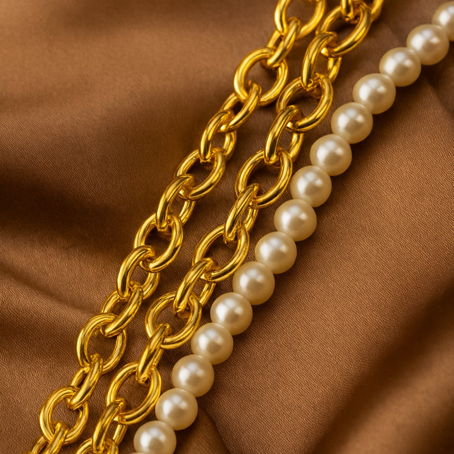 Layered Gold-Tone Chain & Pearl Bracelet for Women | 3-Strand Link + Faux Pearls | Adjustable 6.5–8.5 in with Extender | Lobster Clasp