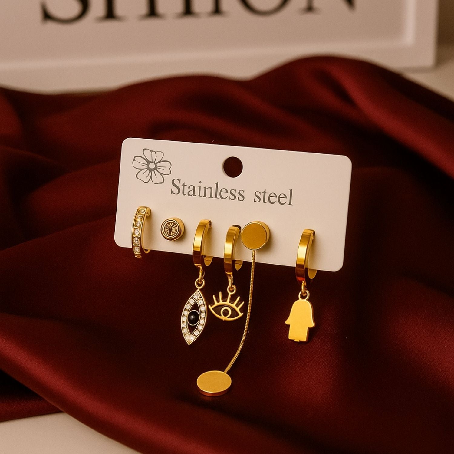 Asymmetric Stainless Steel Gold Earring Set – Evil Eye, Hamsa & Symbol Charms for Women & Girls