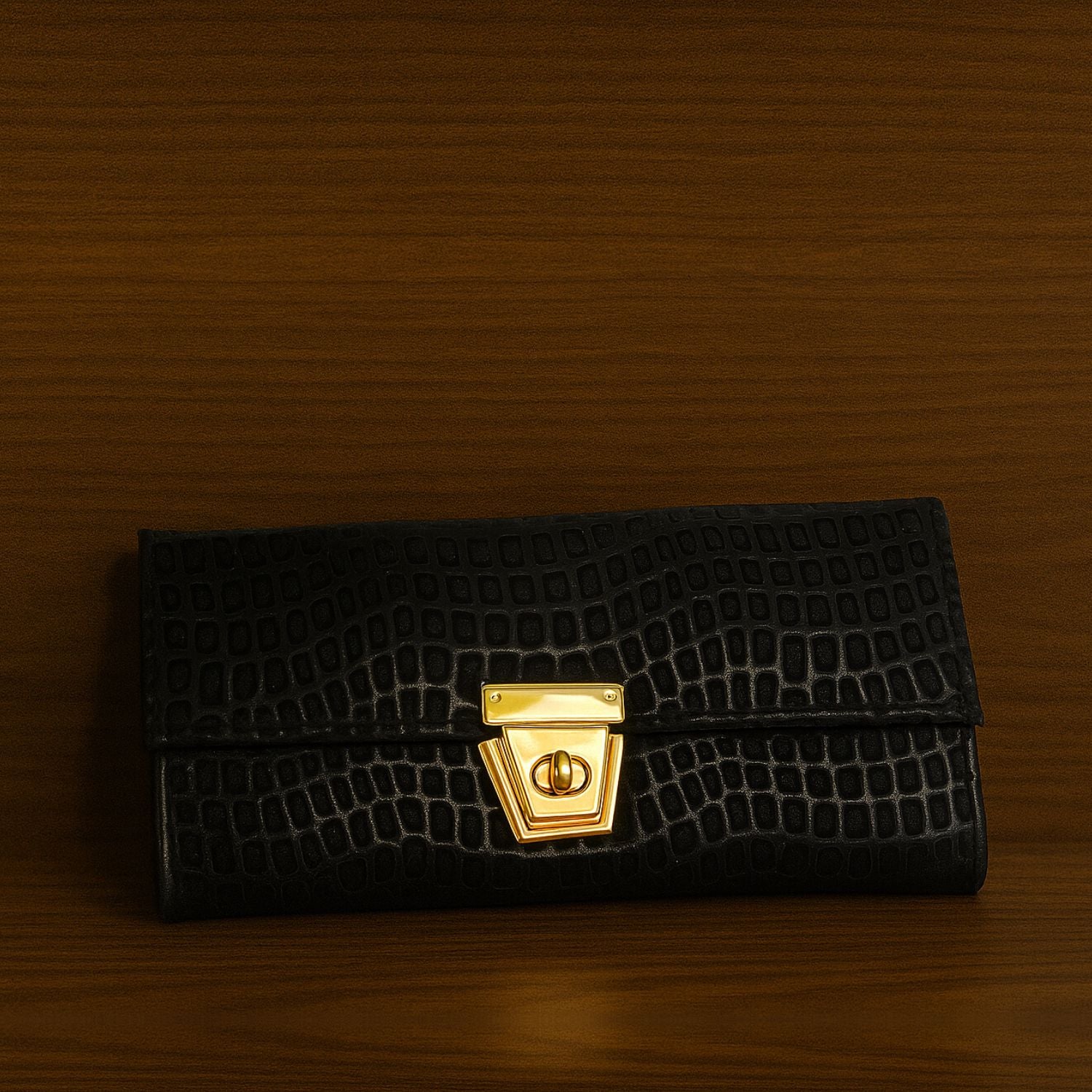 Croc-Textured Clutch – Elegant Evening Purse with Metallic Lock