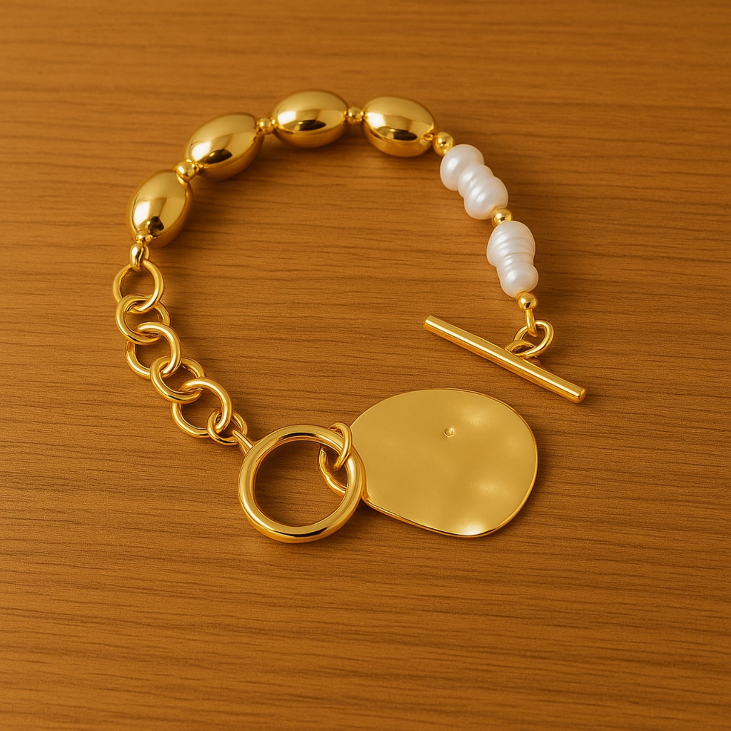 Women’s Gold-Tone Toggle Charm Bracelet with Baroque-Style Pearls & Hammered Pendant | Mixed-Link Chain Statement Fashion Jewelry