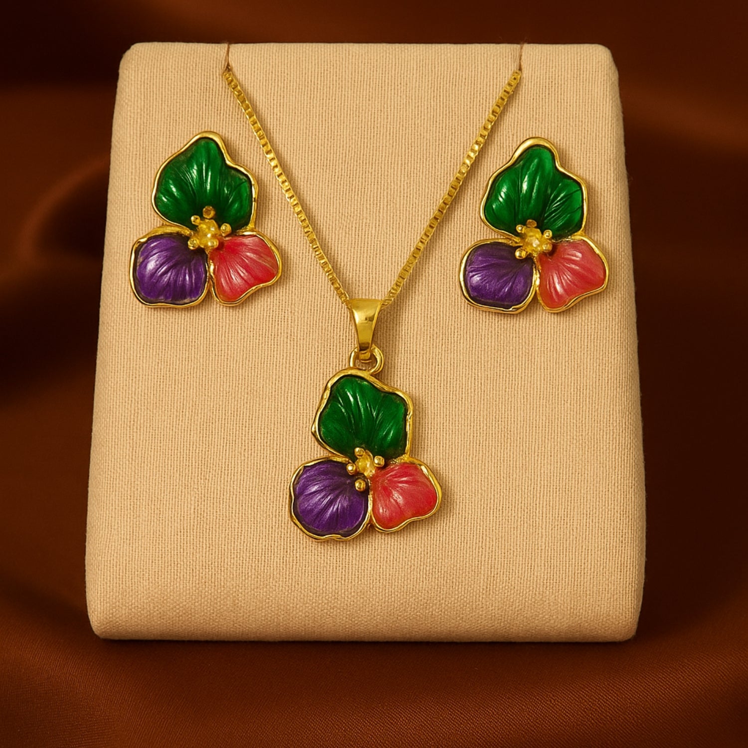 Multicolor Enamel Floral Necklace & Earrings Set (Gold-Tone)