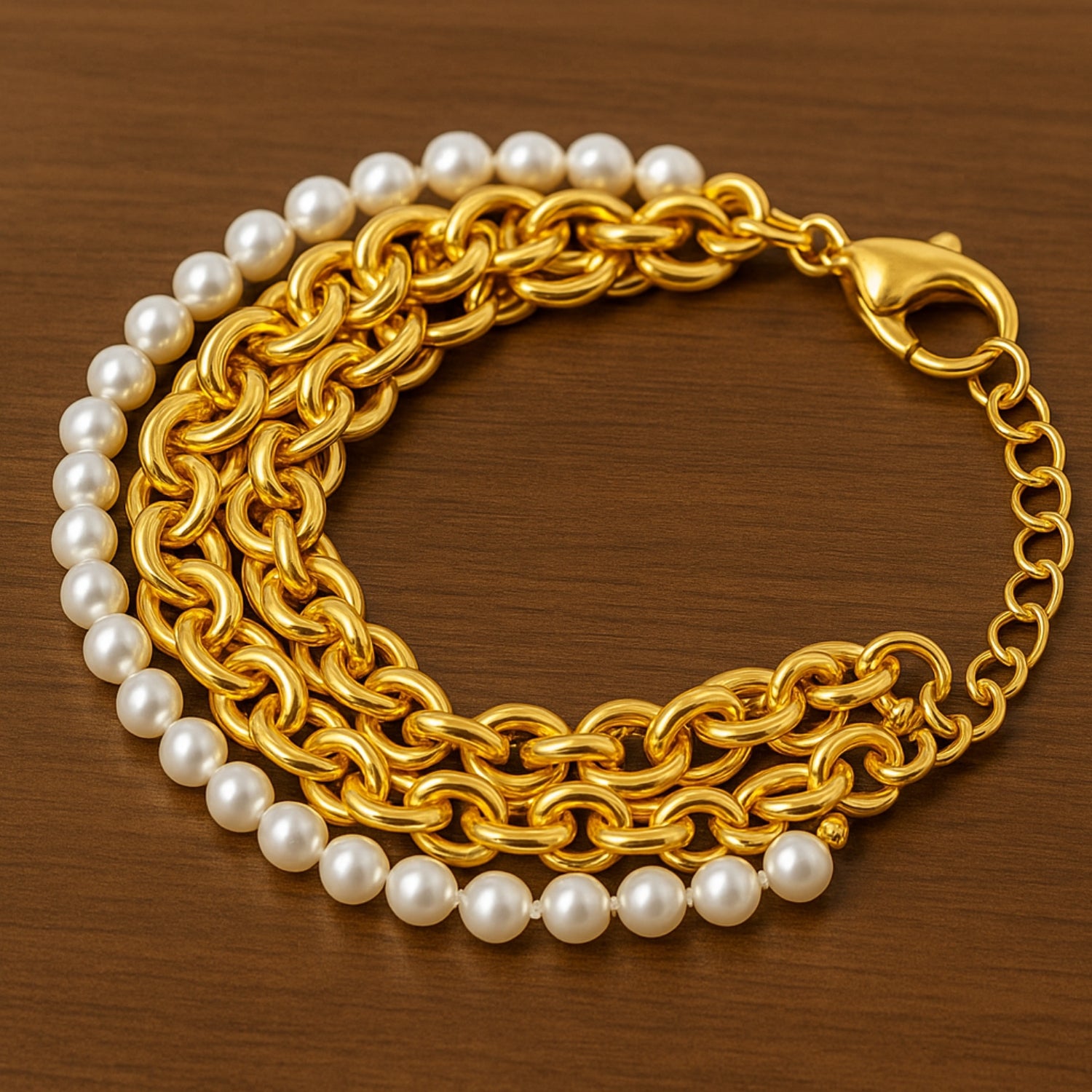 Layered Gold-Tone Chain & Pearl Bracelet for Women | 3-Strand Link + Faux Pearls | Adjustable 6.5–8.5 in with Extender | Lobster Clasp