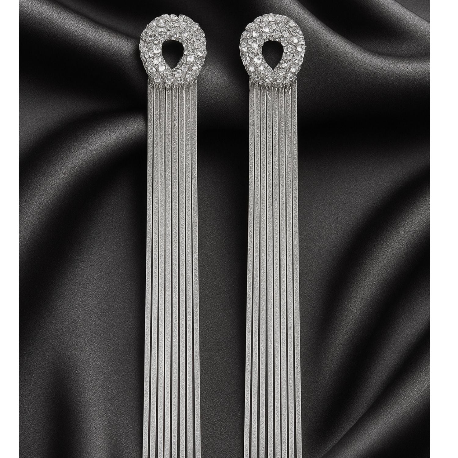 Premium Silver Long Tassel Earrings with Crystal Stud – Glam Party Wear for Women & Girls