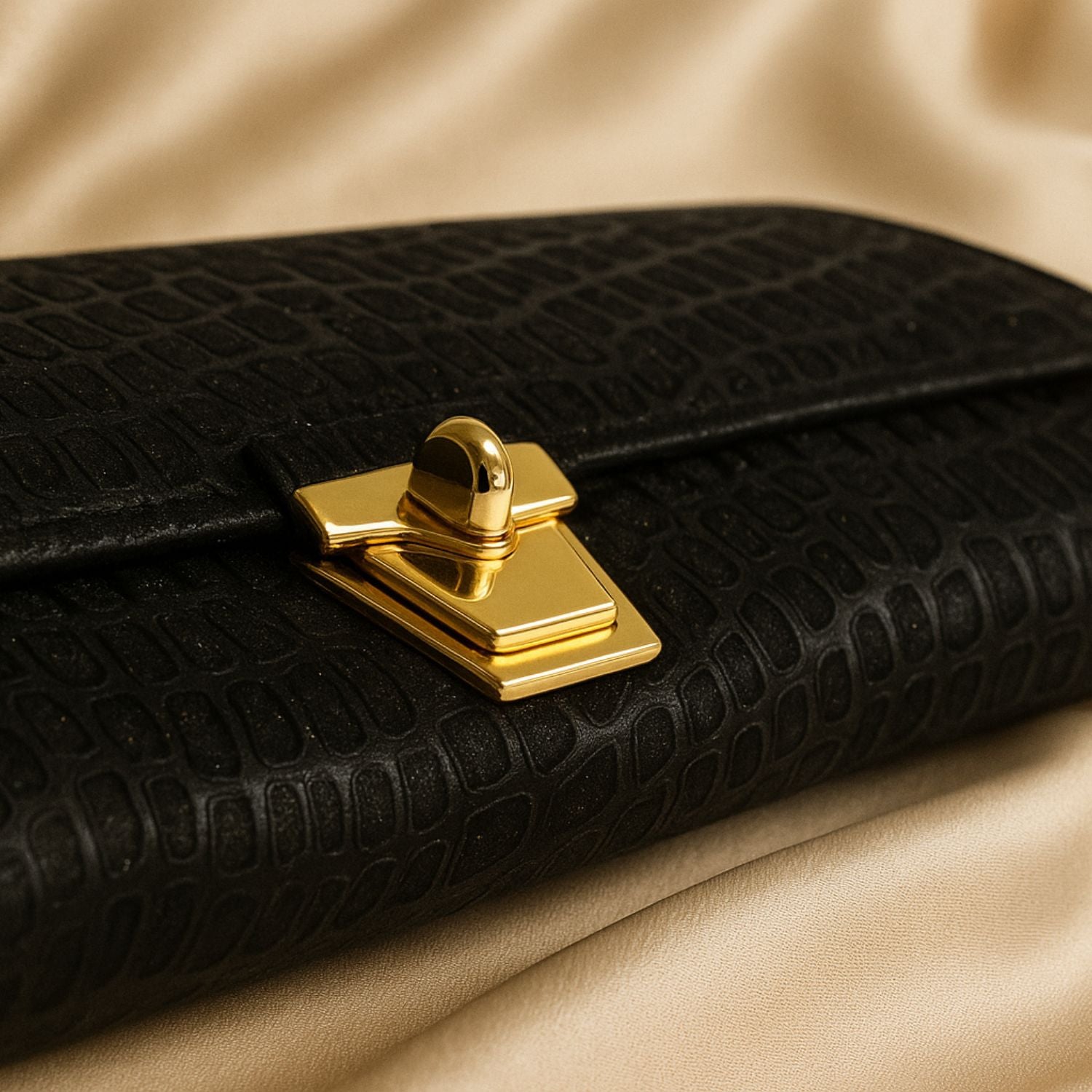 Croc-Textured Clutch – Elegant Evening Purse with Metallic Lock