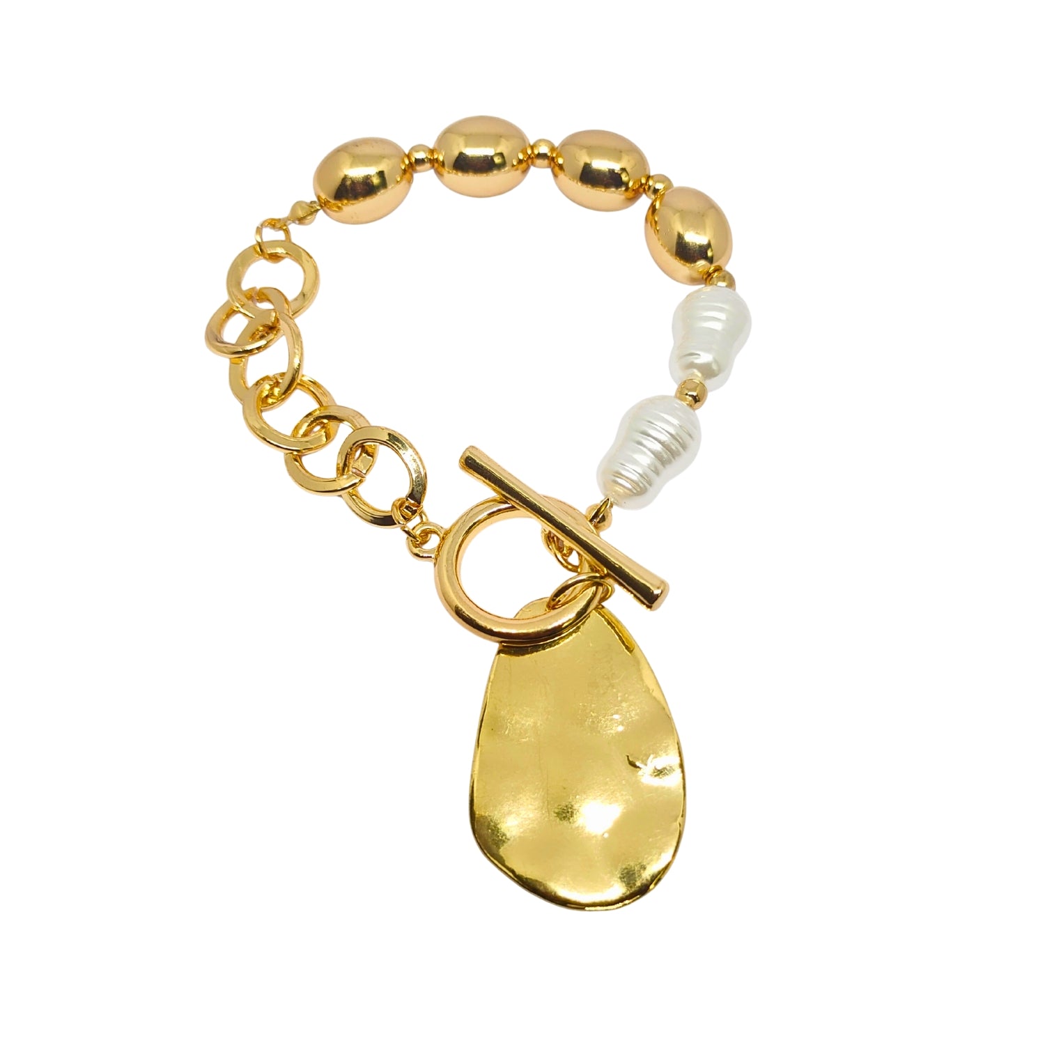 Women’s Gold-Tone Toggle Charm Bracelet with Baroque-Style Pearls & Hammered Pendant | Mixed-Link Chain Statement Fashion Jewelry