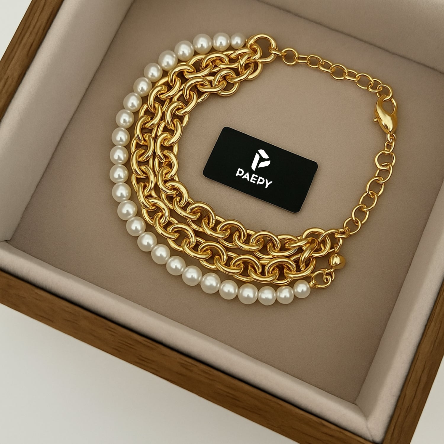 Layered Gold-Tone Chain & Pearl Bracelet for Women | 3-Strand Link + Faux Pearls | Adjustable 6.5–8.5 in with Extender | Lobster Clasp