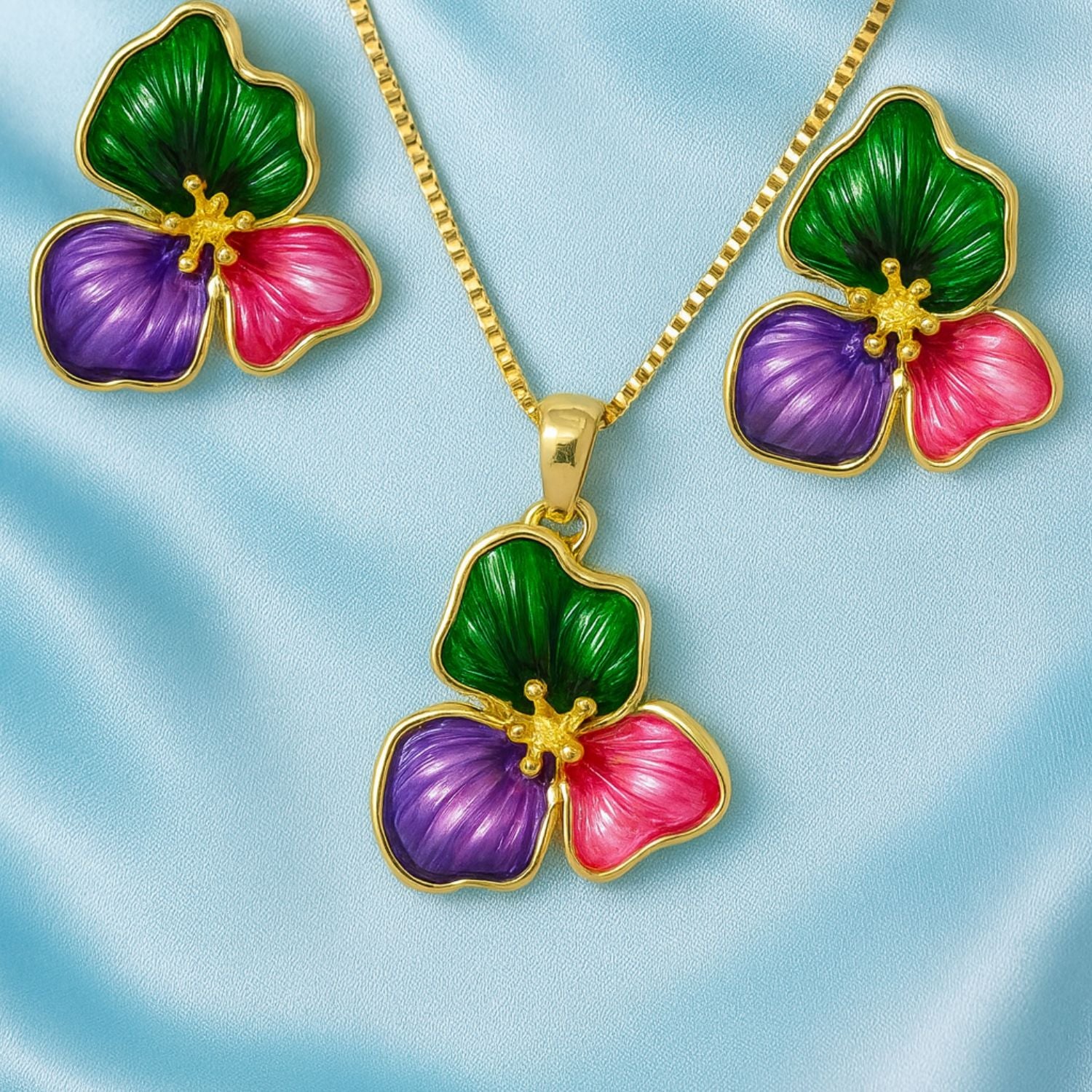 Multicolor Enamel Floral Necklace & Earrings Set (Gold-Tone)