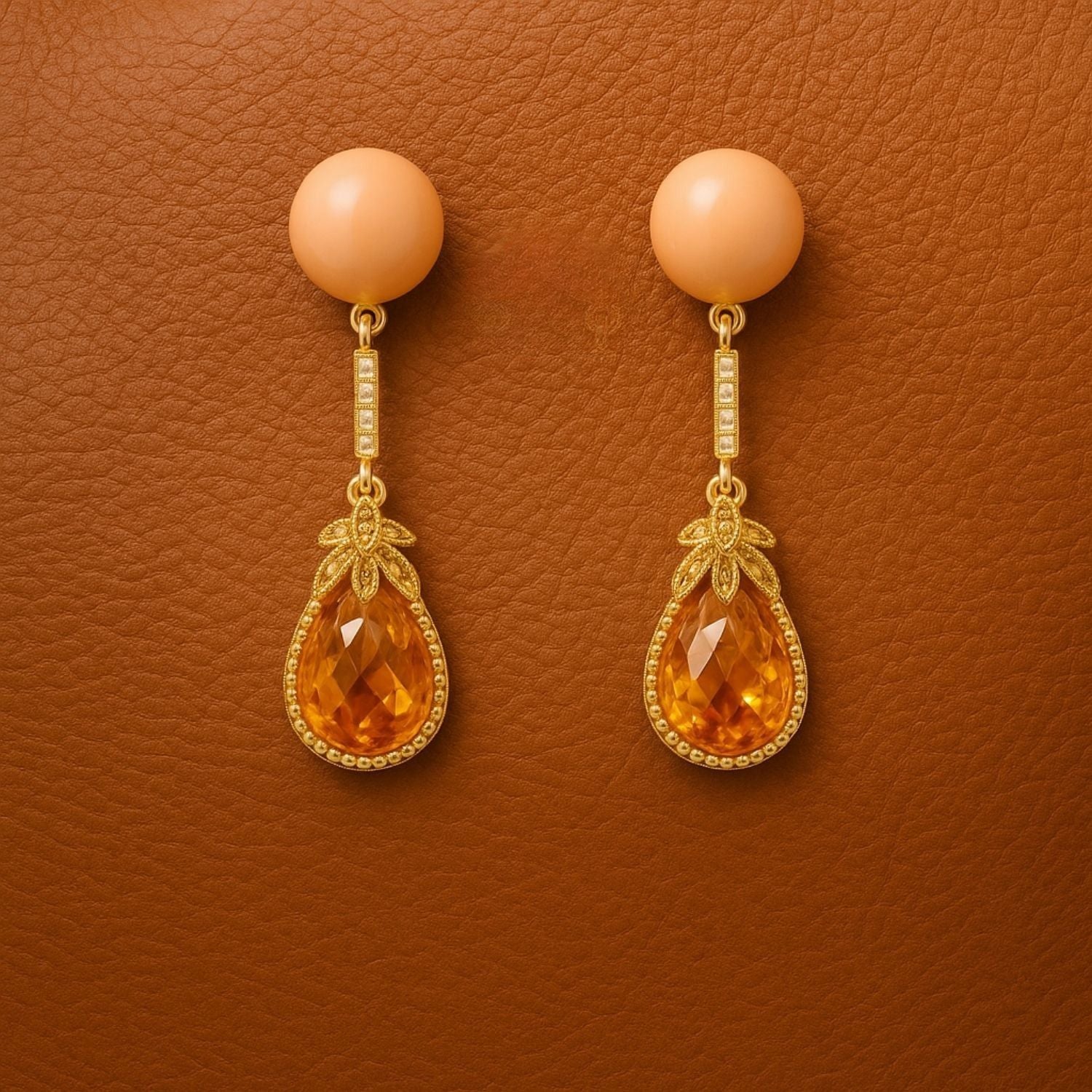 Golden Drop Earrings with Orange Stone – Elegant Festive Earrings for Women & Girls