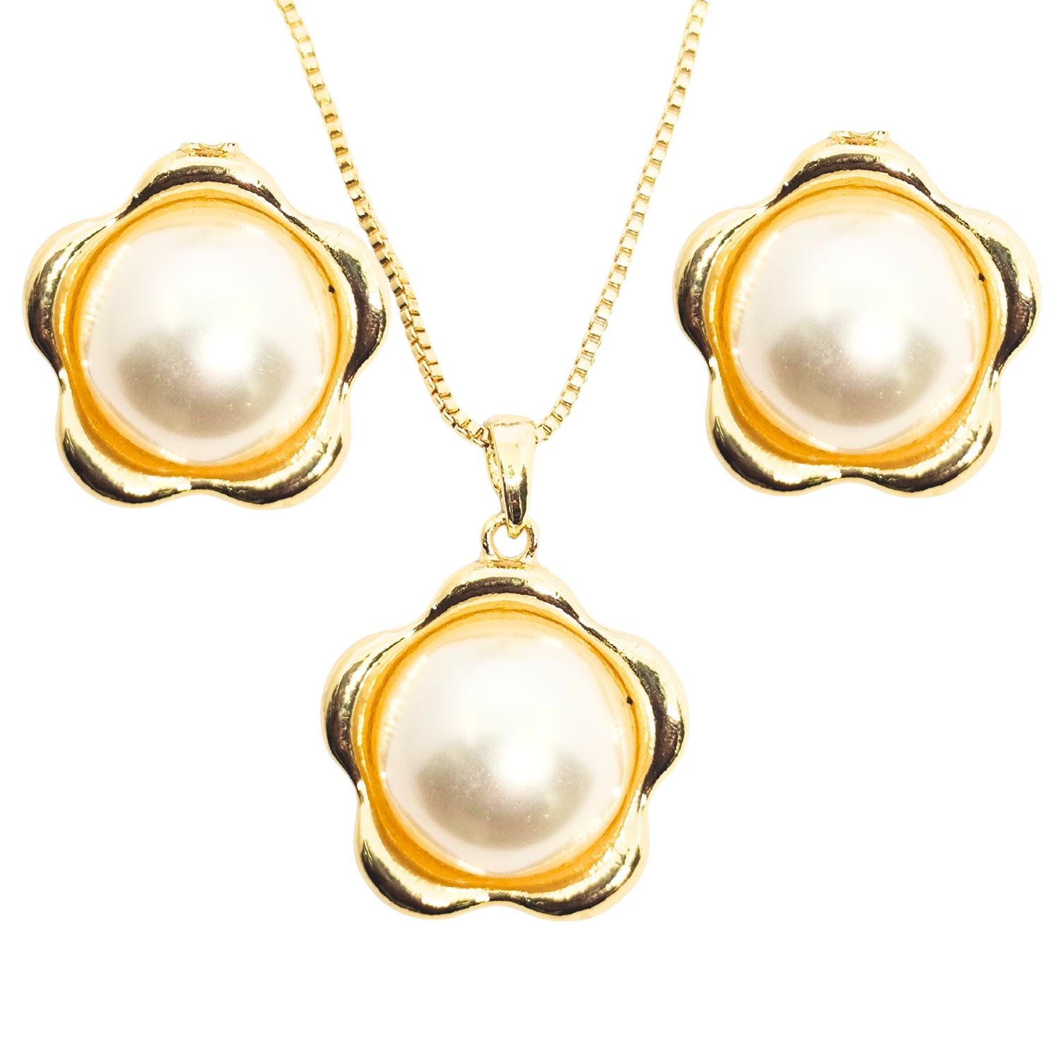Pearl Flower Necklace & Earrings Set (Gold-Tone)
