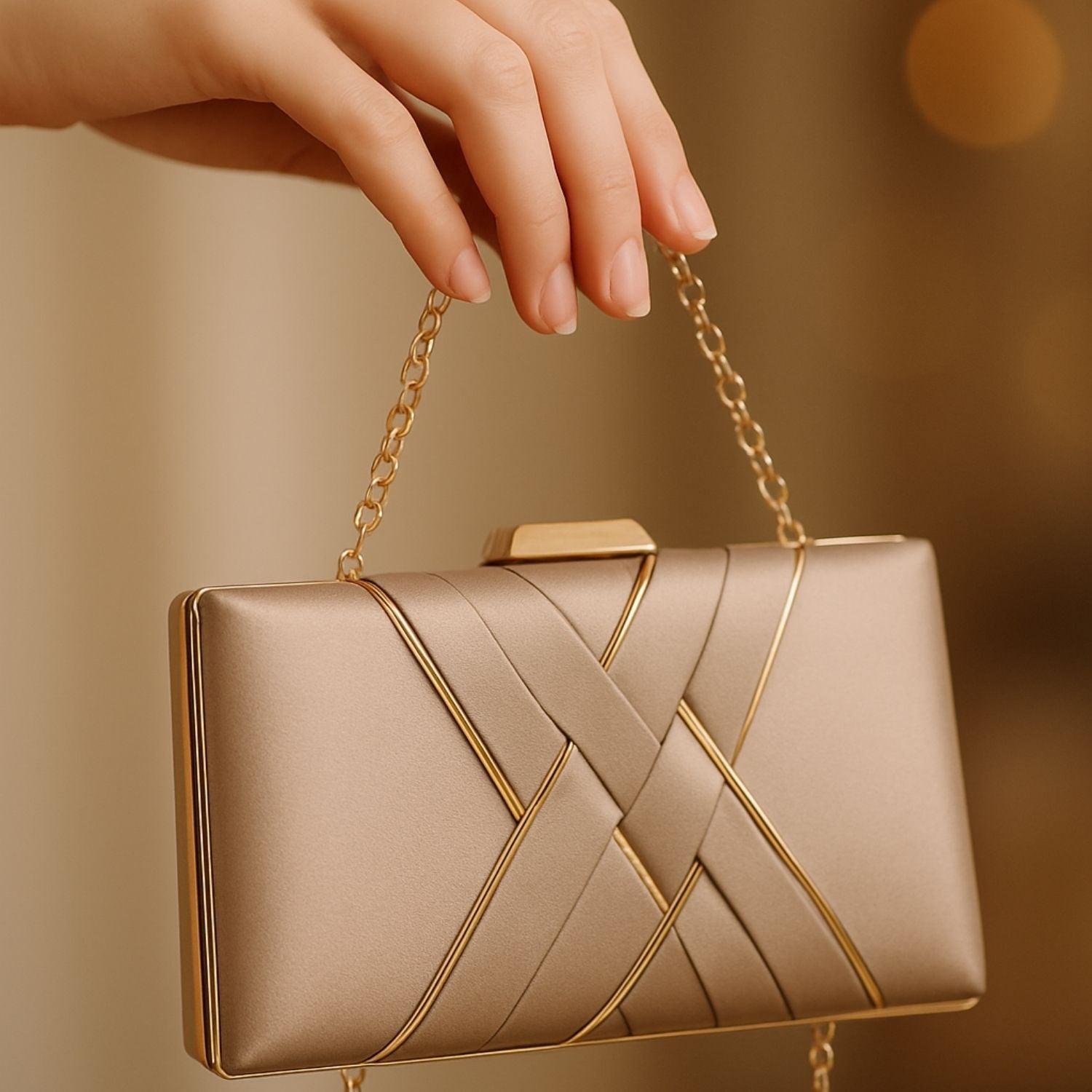 Champagne Satin Criss-Cross Evening Clutch – Sophisticated Handbag for Women