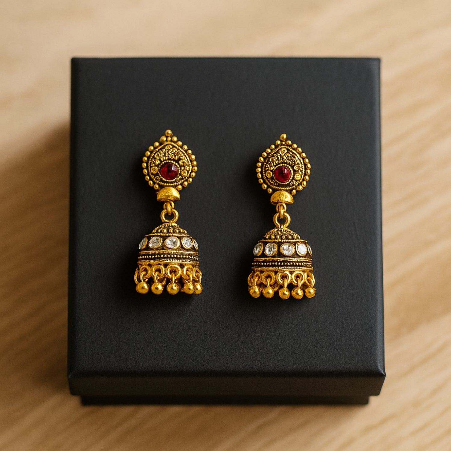 Traditional Antique Golden (Mini) Jhumka Earrings for Women & Girls | Red Stone Temple Design | Bridal & Festive Indian Jewellery | Lightweight