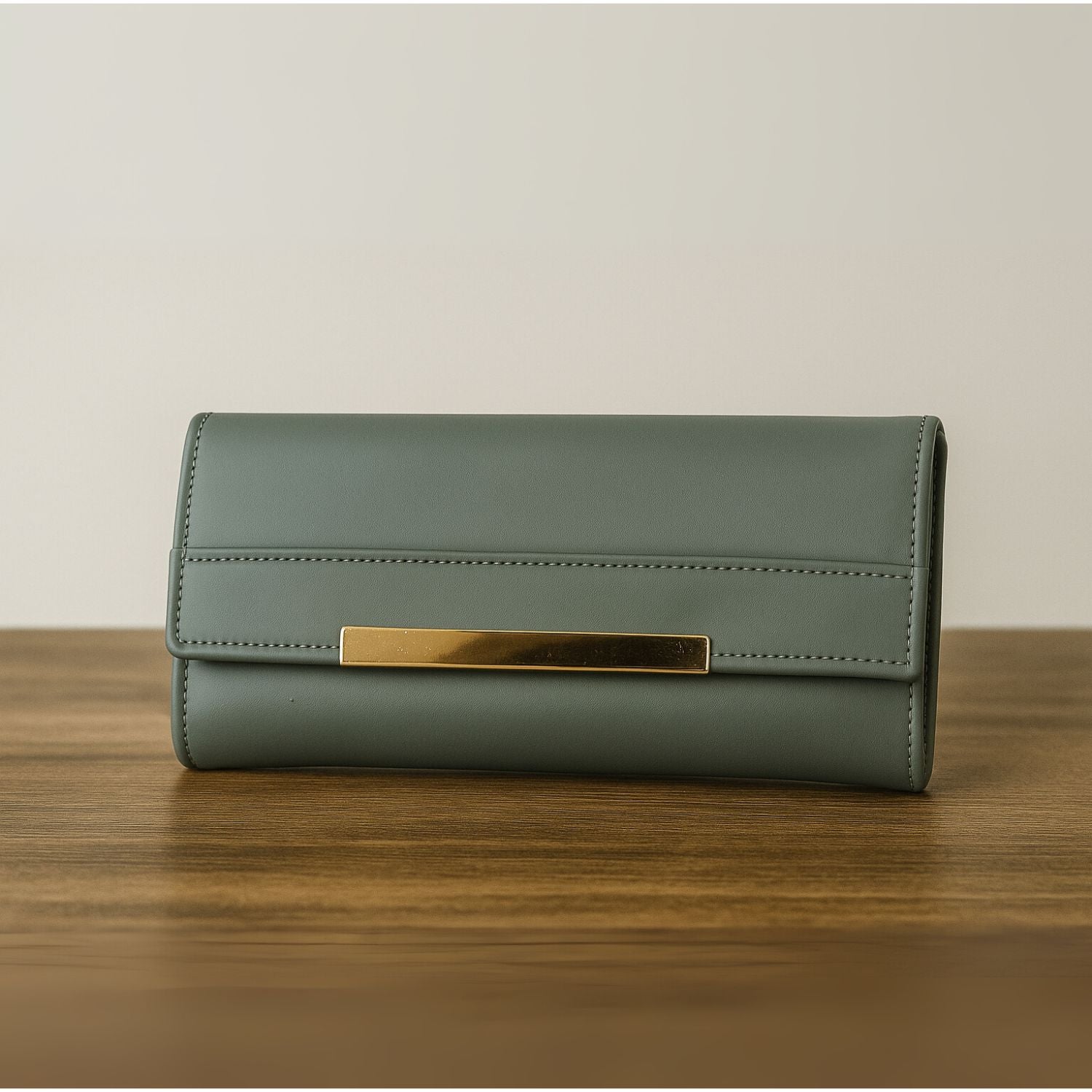 Sage Sleek Clutch with Gold Accent Bar – Minimalist Elegance