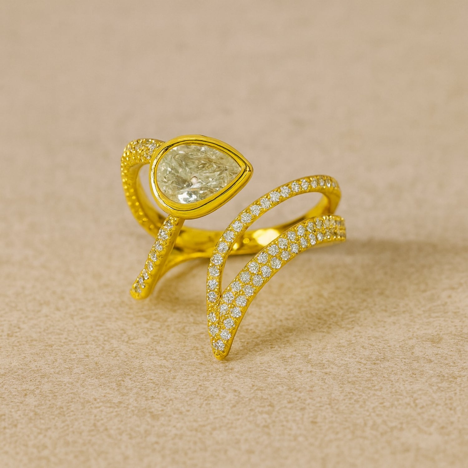 Women’s Gold-Tone Bypass Ring with Pear-Shaped Cubic Zirconia | Split-Shank Micro-Pavé Cocktail Statement Ring