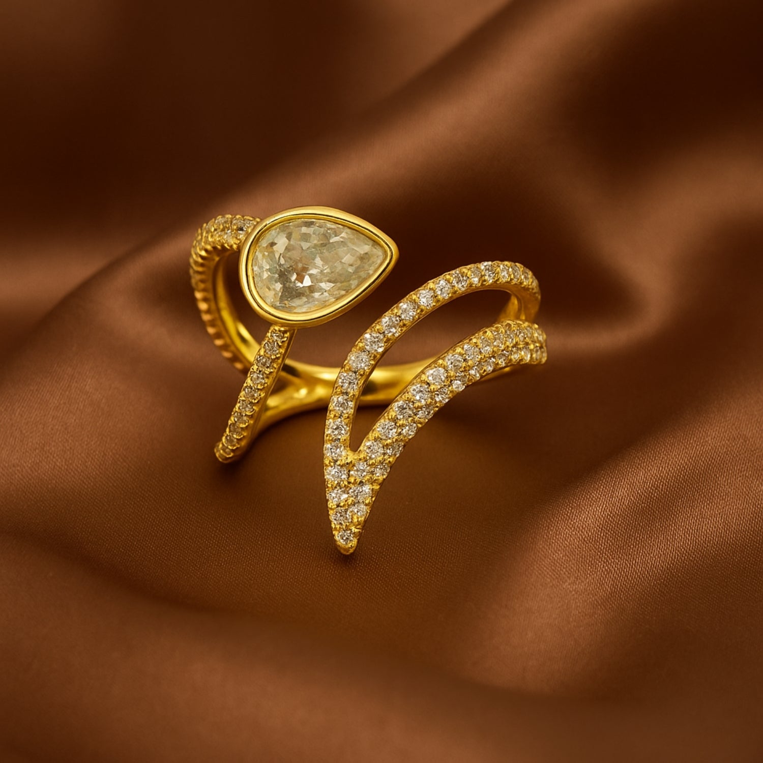 Women’s Gold-Tone Bypass Ring with Pear-Shaped Cubic Zirconia | Split-Shank Micro-Pavé Cocktail Statement Ring