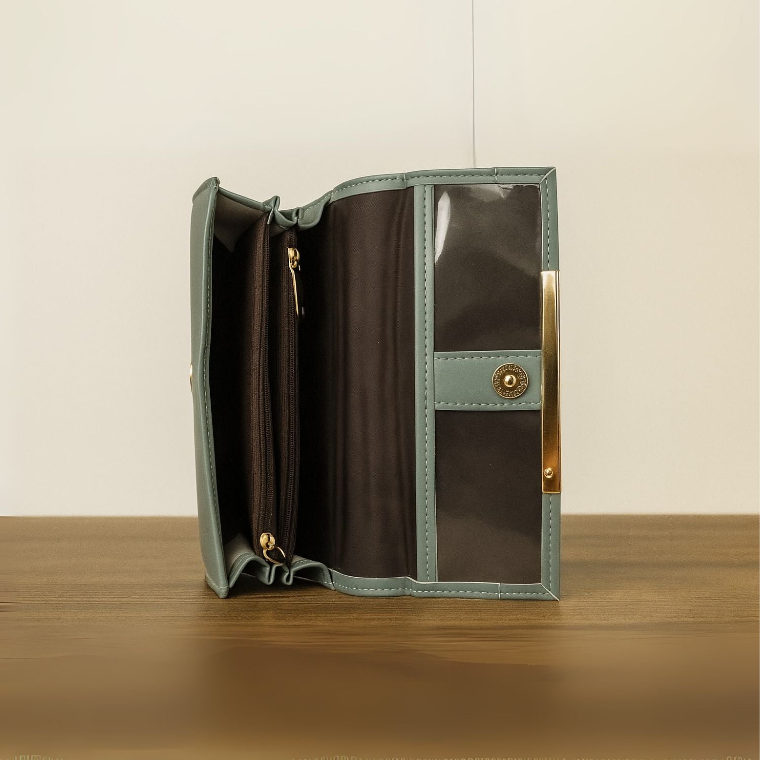 Sage Sleek Clutch with Gold Accent Bar – Minimalist Elegance