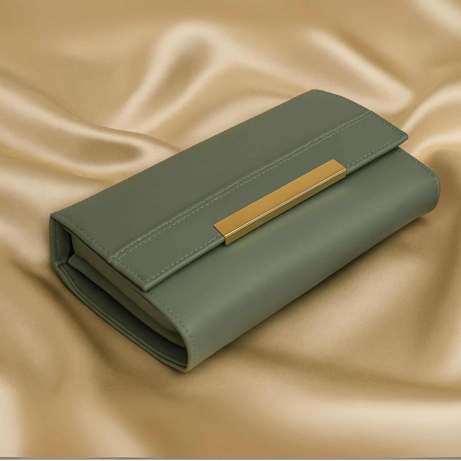 Sage Sleek Clutch with Gold Accent Bar – Minimalist Elegance