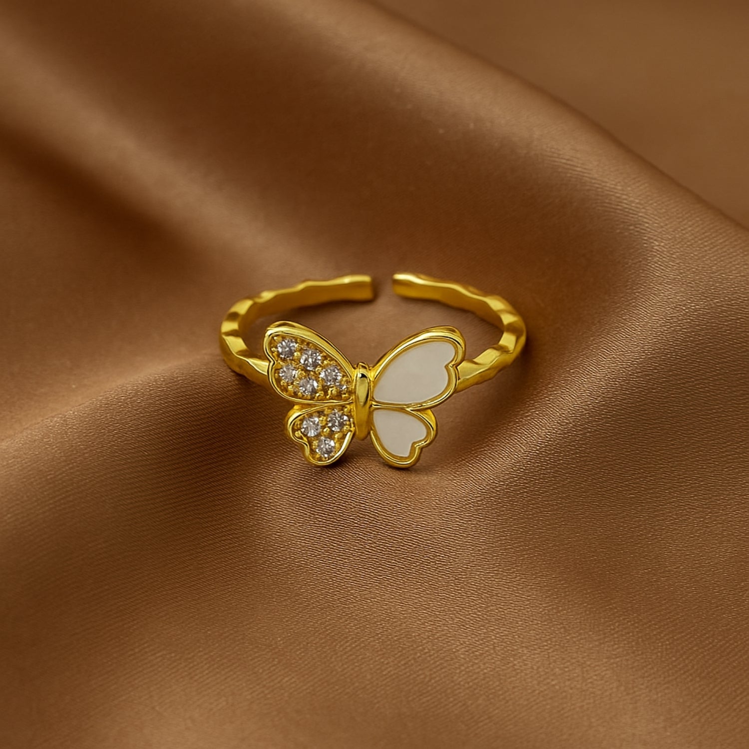 Dainty Butterfly Ring for Women – Gold-Tone Band with White Enamel & Cubic Zirconia – Cute Stackable Fashion/Promise Ring