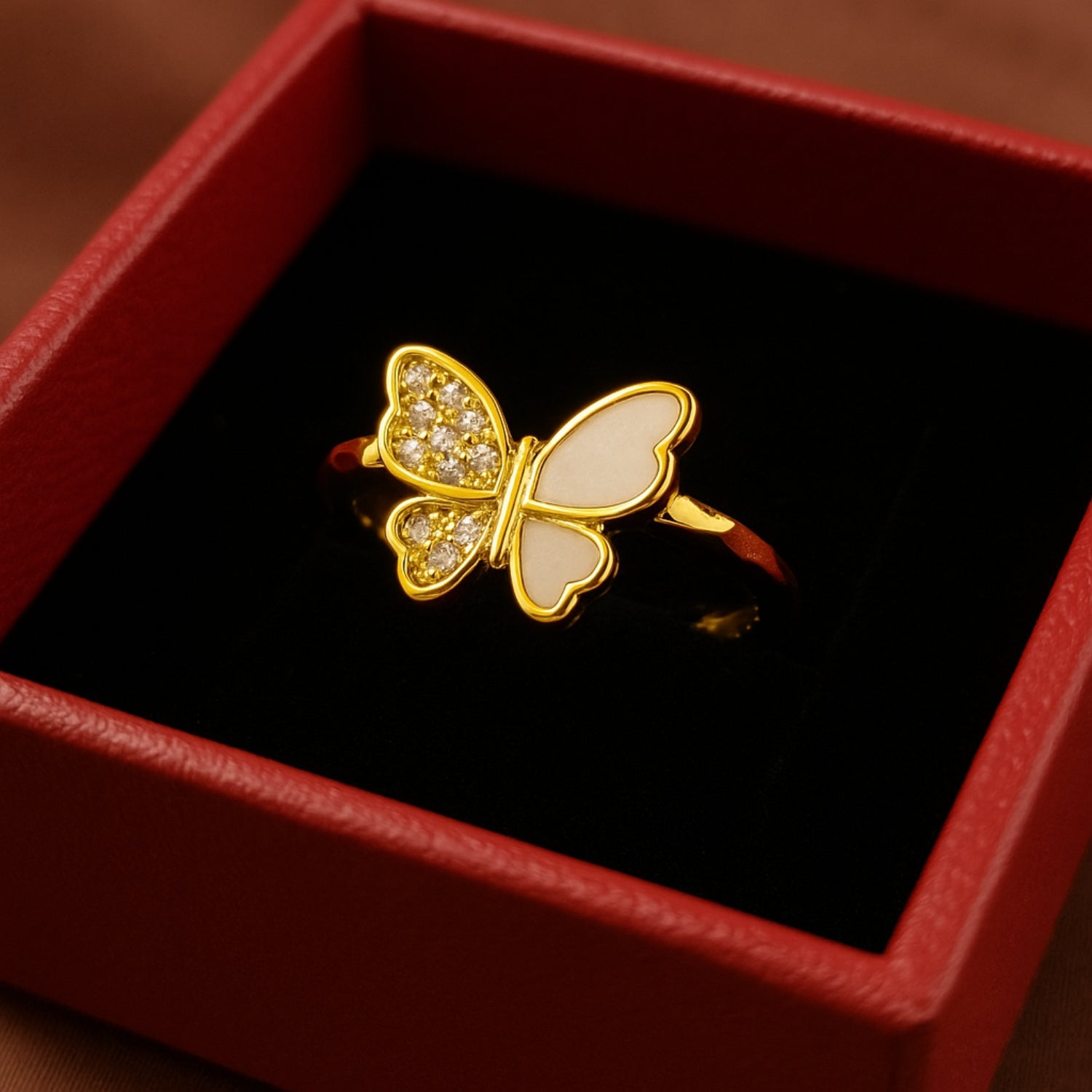 Dainty Butterfly Ring for Women – Gold-Tone Band with White Enamel & Cubic Zirconia – Cute Stackable Fashion/Promise Ring