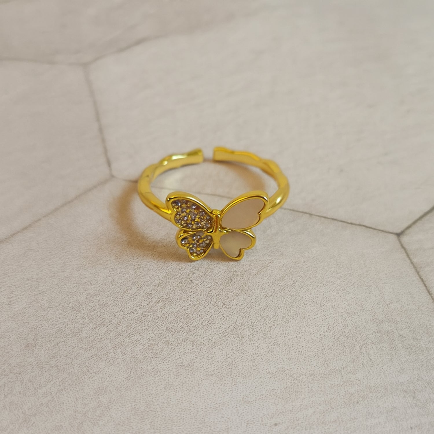 Dainty Butterfly Ring for Women – Gold-Tone Band with White Enamel & Cubic Zirconia – Cute Stackable Fashion/Promise Ring