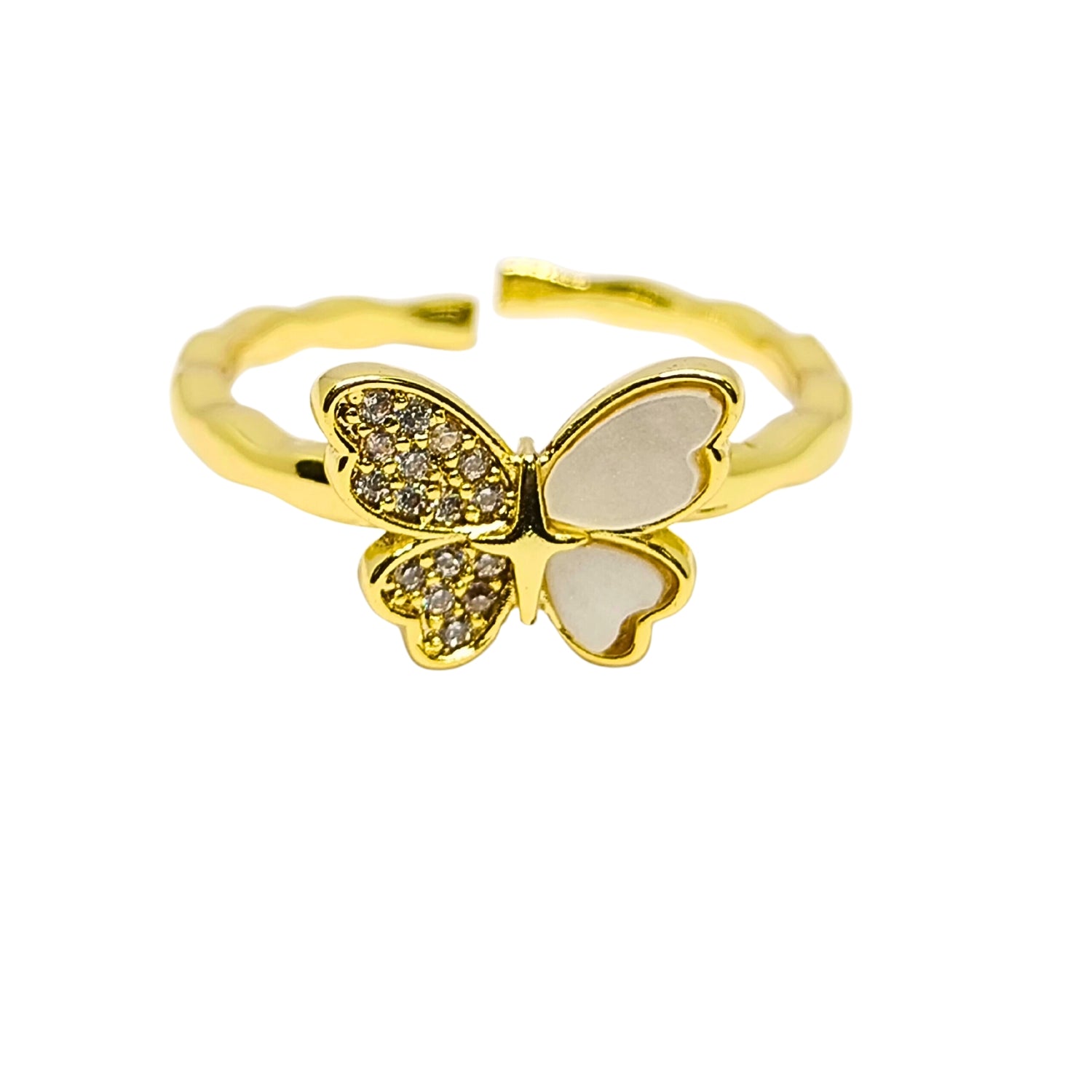 Dainty Butterfly Ring for Women – Gold-Tone Band with White Enamel & Cubic Zirconia – Cute Stackable Fashion/Promise Ring