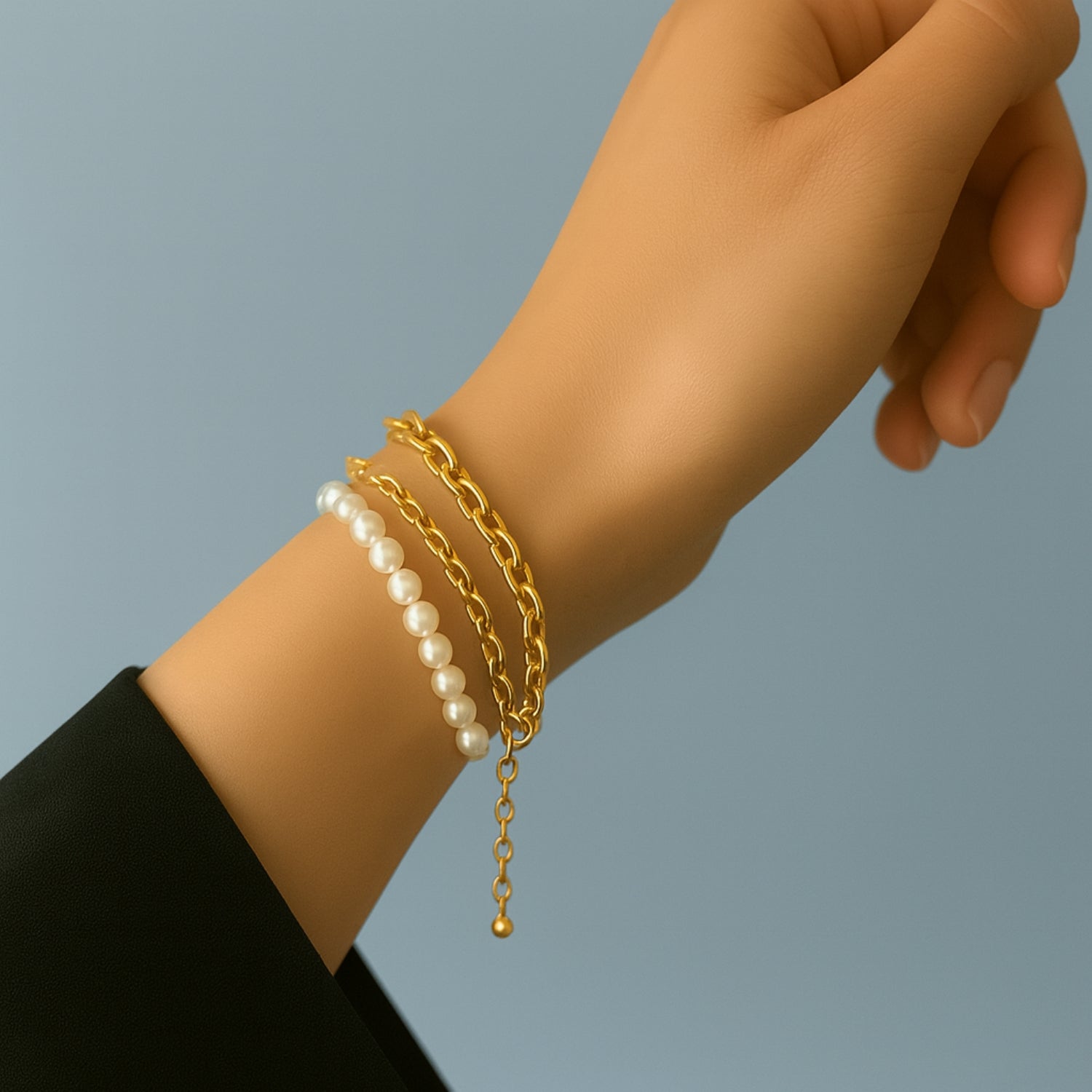 Layered Gold-Tone Chain & Pearl Bracelet for Women | 3-Strand Link + Faux Pearls | Adjustable 6.5–8.5 in with Extender | Lobster Clasp