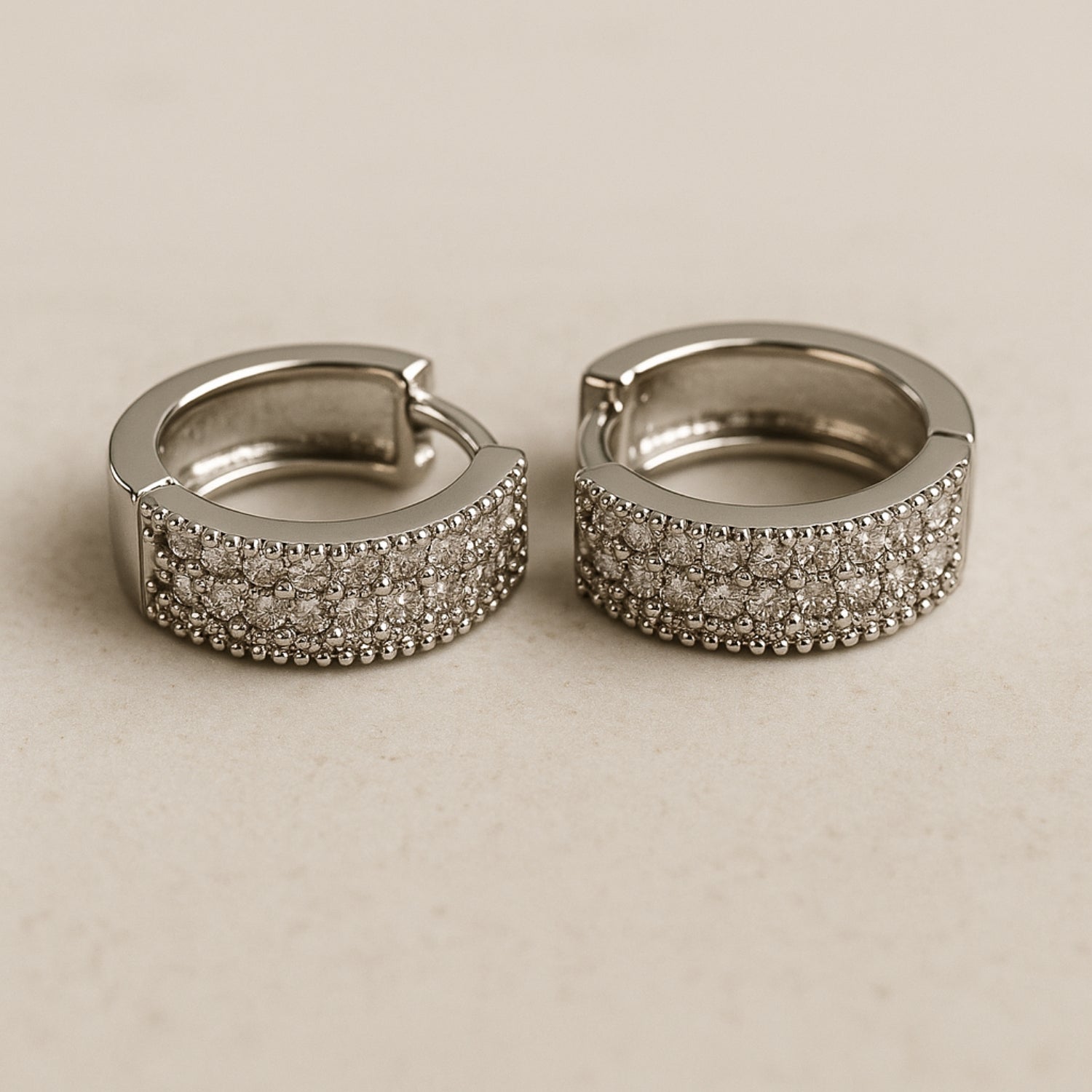 Women’s Triple-Row Pavé Huggie Hoop Earrings – Silver-Tone Small Hoops with Hinged Latch-Back, Micro-Pavé CZ Look, Lightweight Everyday Sparkle