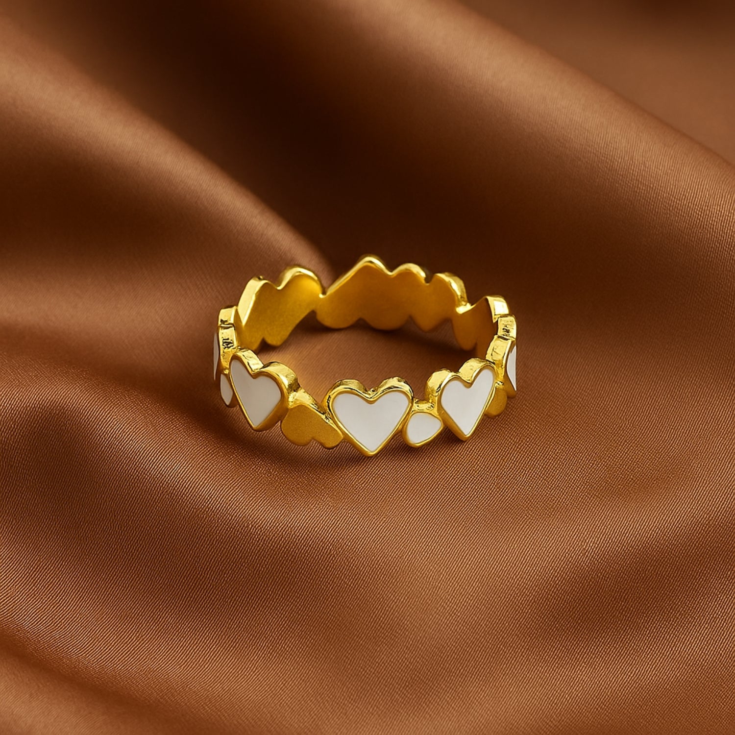 Gold-Tone Adjustable Heart Stack Ring for Women & Girls – White Enamel Inlay, Open Band Fashion Jewelry