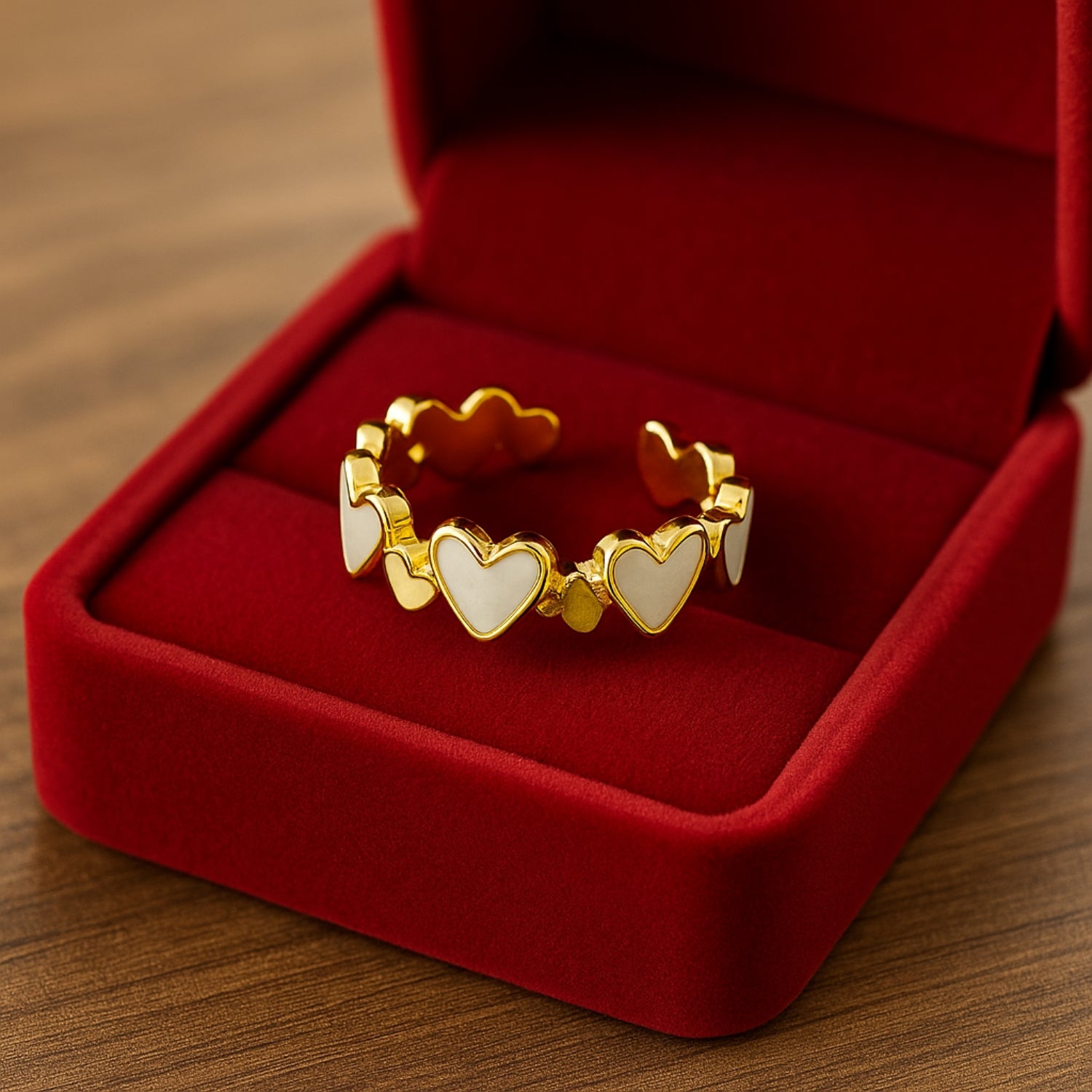 Gold-Tone Adjustable Heart Stack Ring for Women & Girls – White Enamel Inlay, Open Band Fashion Jewelry