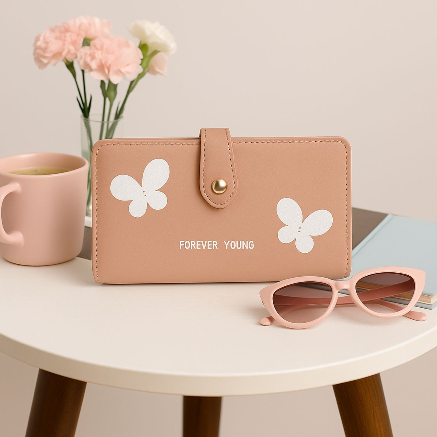 Women’s Butterfly Long Wallet – PU Leather Clutch with Removable Zipper Compartment, 12+ Card Slots, ID Window & Strap Snap Closure (Peach Pink)