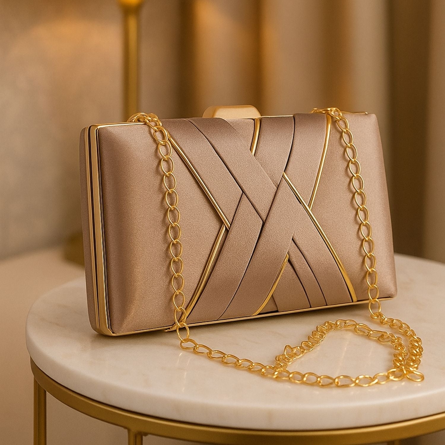 Champagne Satin Criss-Cross Evening Clutch – Sophisticated Handbag for Women