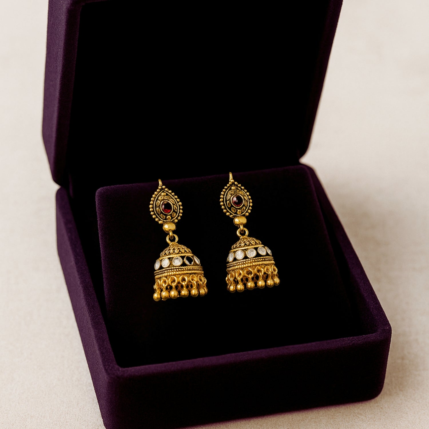 Traditional Antique Golden (Mini) Jhumka Earrings for Women & Girls | Red Stone Temple Design | Bridal & Festive Indian Jewellery | Lightweight