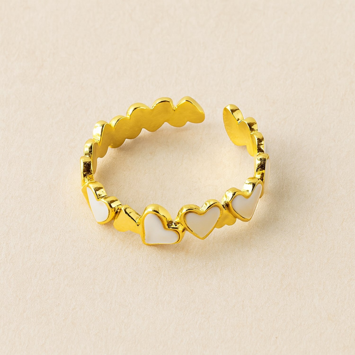 Gold-Tone Adjustable Heart Stack Ring for Women & Girls – White Enamel Inlay, Open Band Fashion Jewelry