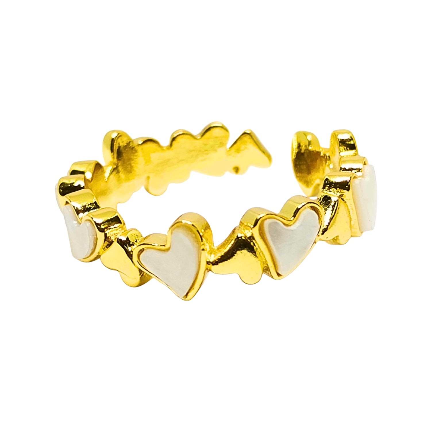 Gold-Tone Adjustable Heart Stack Ring for Women & Girls – White Enamel Inlay, Open Band Fashion Jewelry