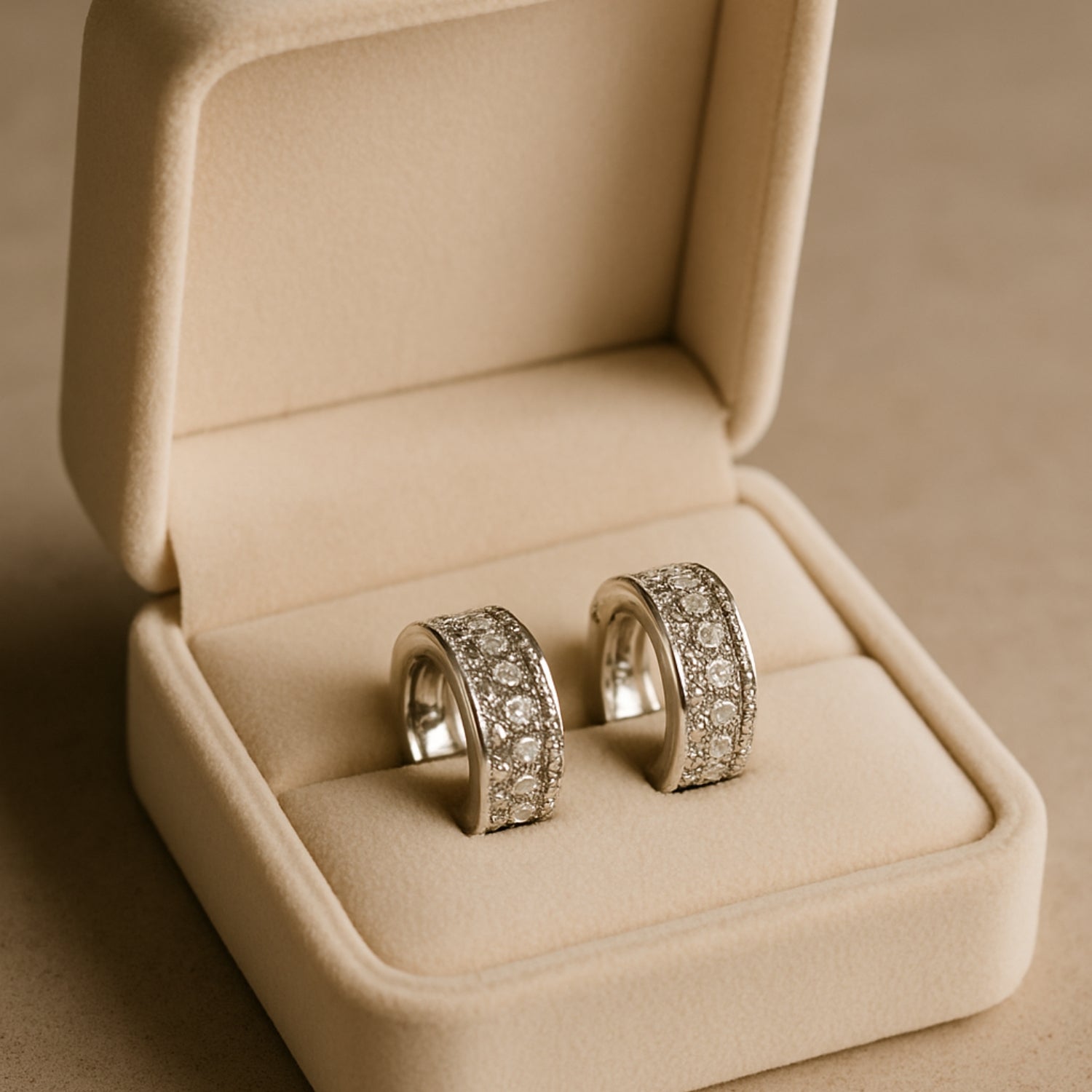 Women’s Triple-Row Pavé Huggie Hoop Earrings – Silver-Tone Small Hoops with Hinged Latch-Back, Micro-Pavé CZ Look, Lightweight Everyday Sparkle