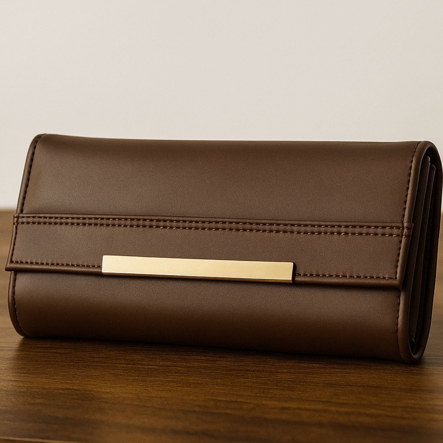 Sage Sleek Clutch with Gold Accent Bar – Minimalist Elegance