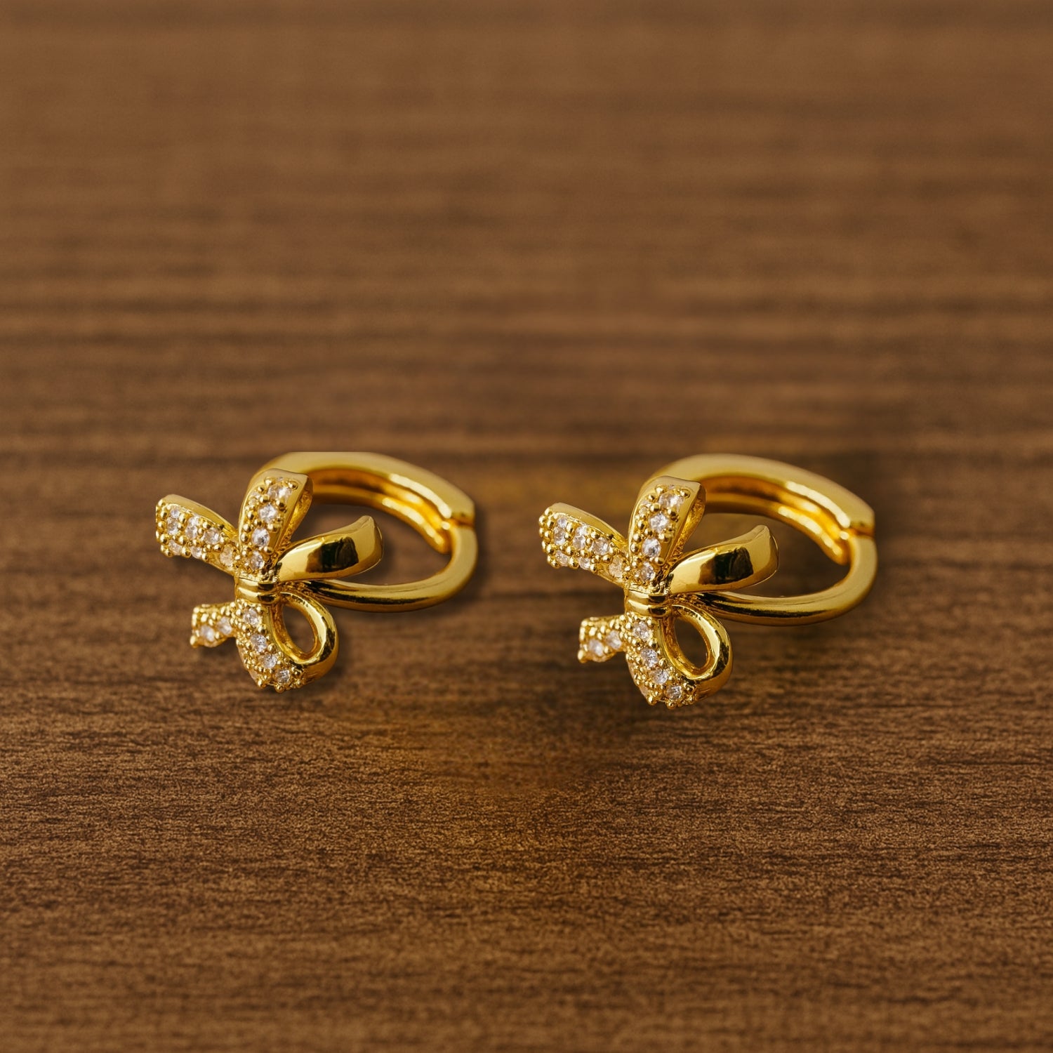 Women’s Bow Huggie Hoop Earrings – Gold-Tone Ribbon Bow with Pavé Stones, Mini Hoops with Hinged Latch-Back, Lightweight Daily & Party Wear