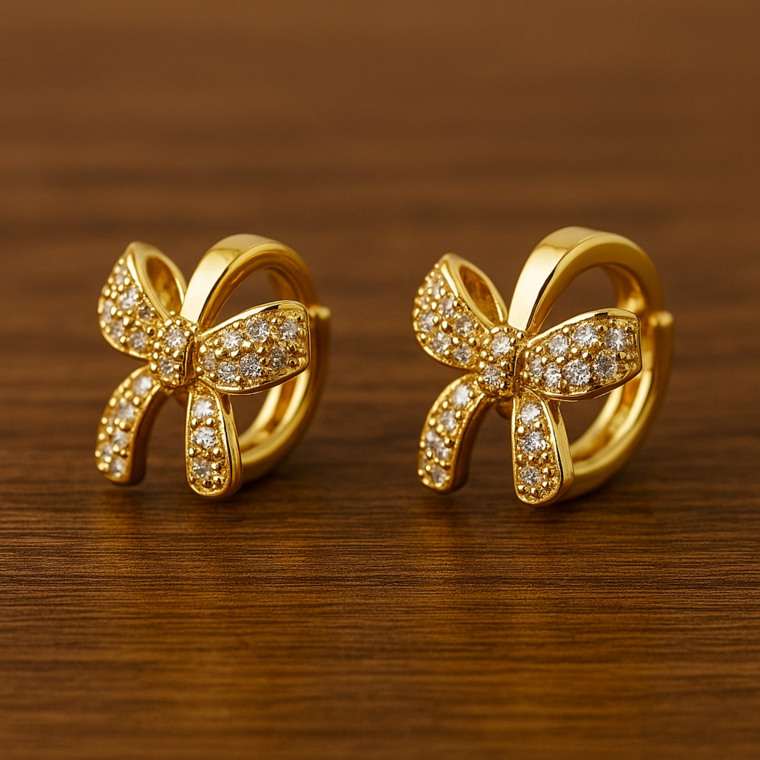 Women’s Bow Huggie Hoop Earrings – Gold-Tone Ribbon Bow with Pavé Stones, Mini Hoops with Hinged Latch-Back, Lightweight Daily & Party Wear