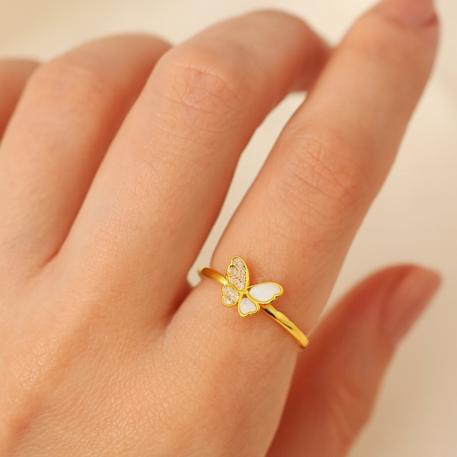 Dainty Butterfly Ring for Women – Gold-Tone Band with White Enamel & Cubic Zirconia – Cute Stackable Fashion/Promise Ring