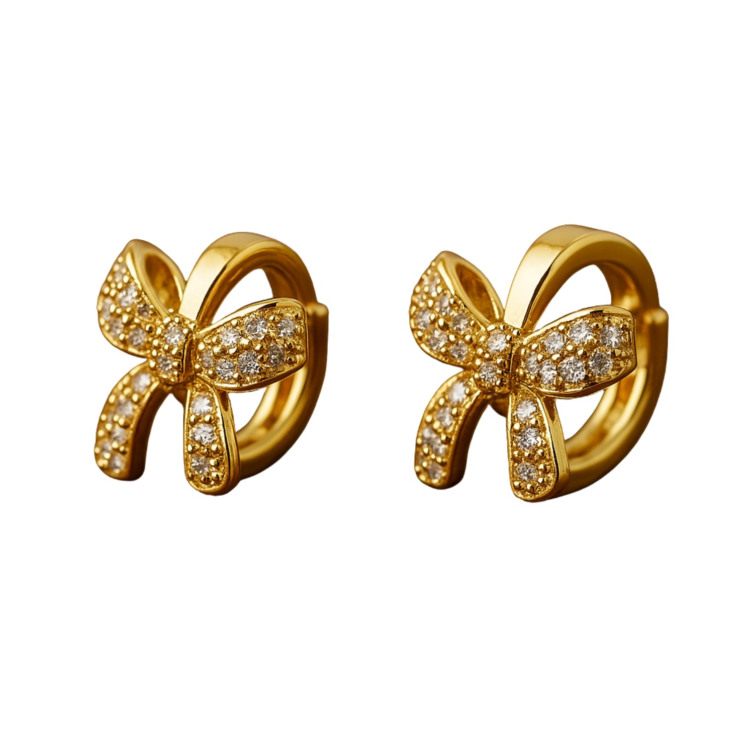 Women’s Bow Huggie Hoop Earrings – Gold-Tone Ribbon Bow with Pavé Stones, Mini Hoops with Hinged Latch-Back, Lightweight Daily & Party Wear