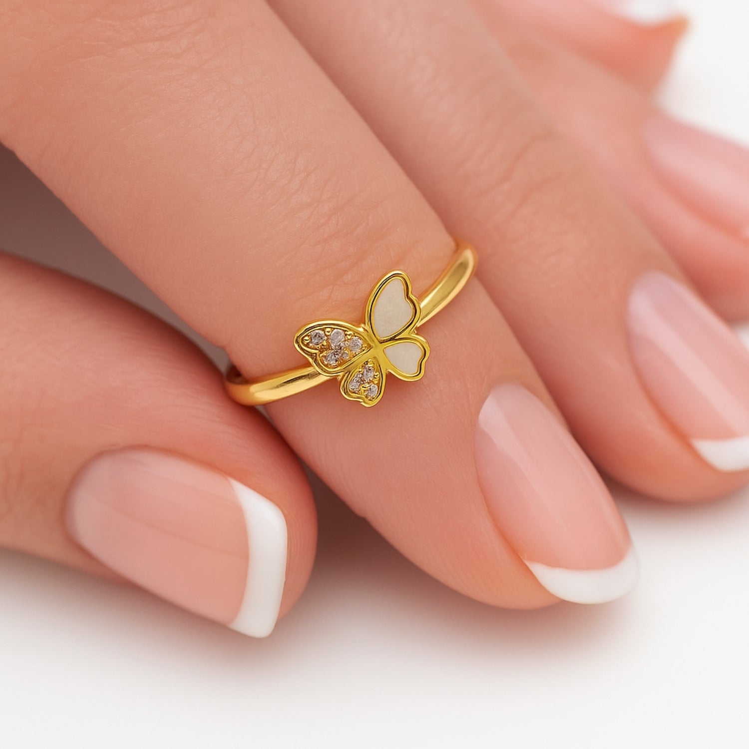 Dainty Butterfly Ring for Women – Gold-Tone Band with White Enamel & Cubic Zirconia – Cute Stackable Fashion/Promise Ring