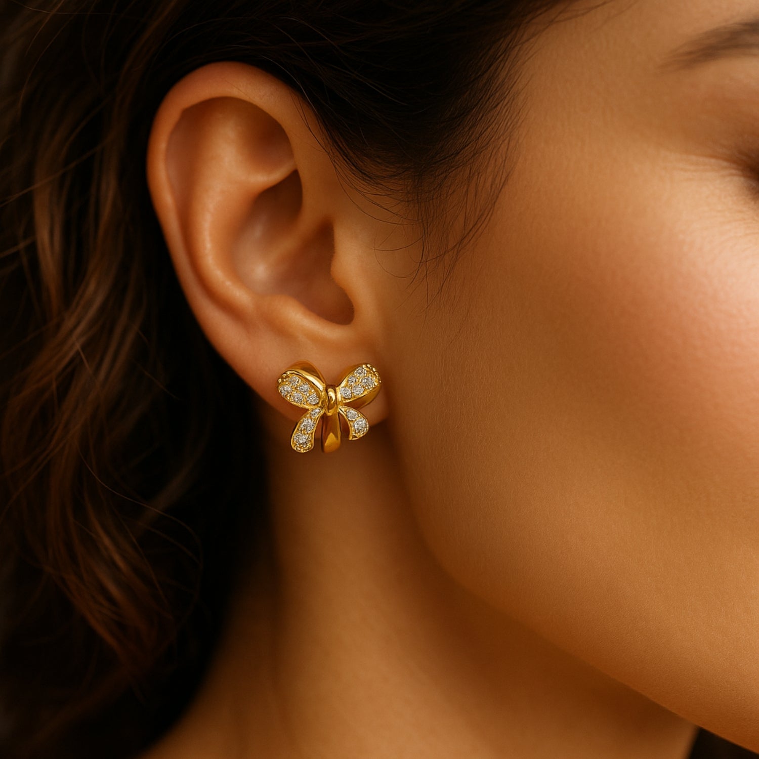 Women’s Bow Huggie Hoop Earrings – Gold-Tone Ribbon Bow with Pavé Stones, Mini Hoops with Hinged Latch-Back, Lightweight Daily & Party Wear