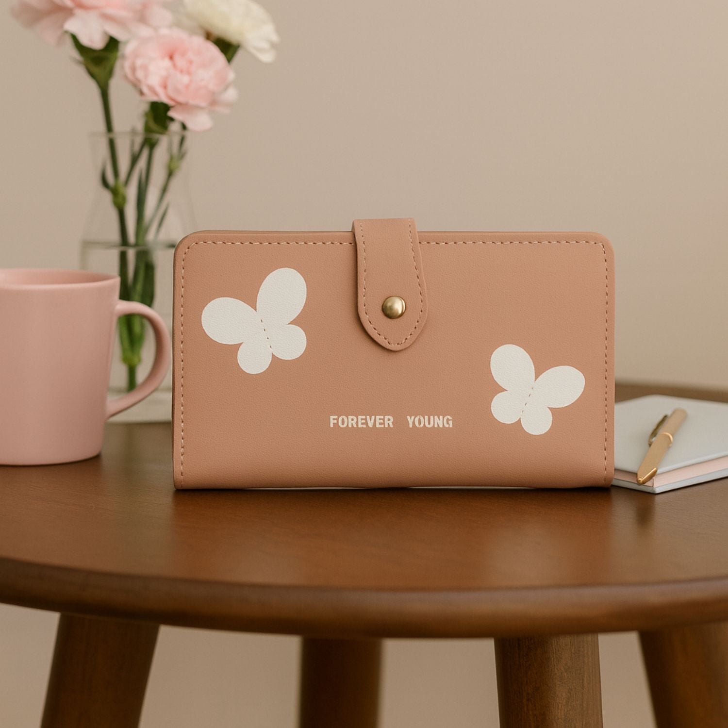 Women’s Butterfly Long Wallet – PU Leather Clutch with Removable Zipper Compartment, 12+ Card Slots, ID Window & Strap Snap Closure (Peach Pink)