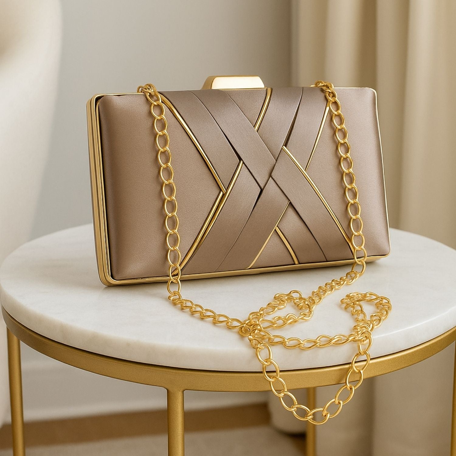 Champagne Satin Criss-Cross Evening Clutch – Sophisticated Handbag for Women