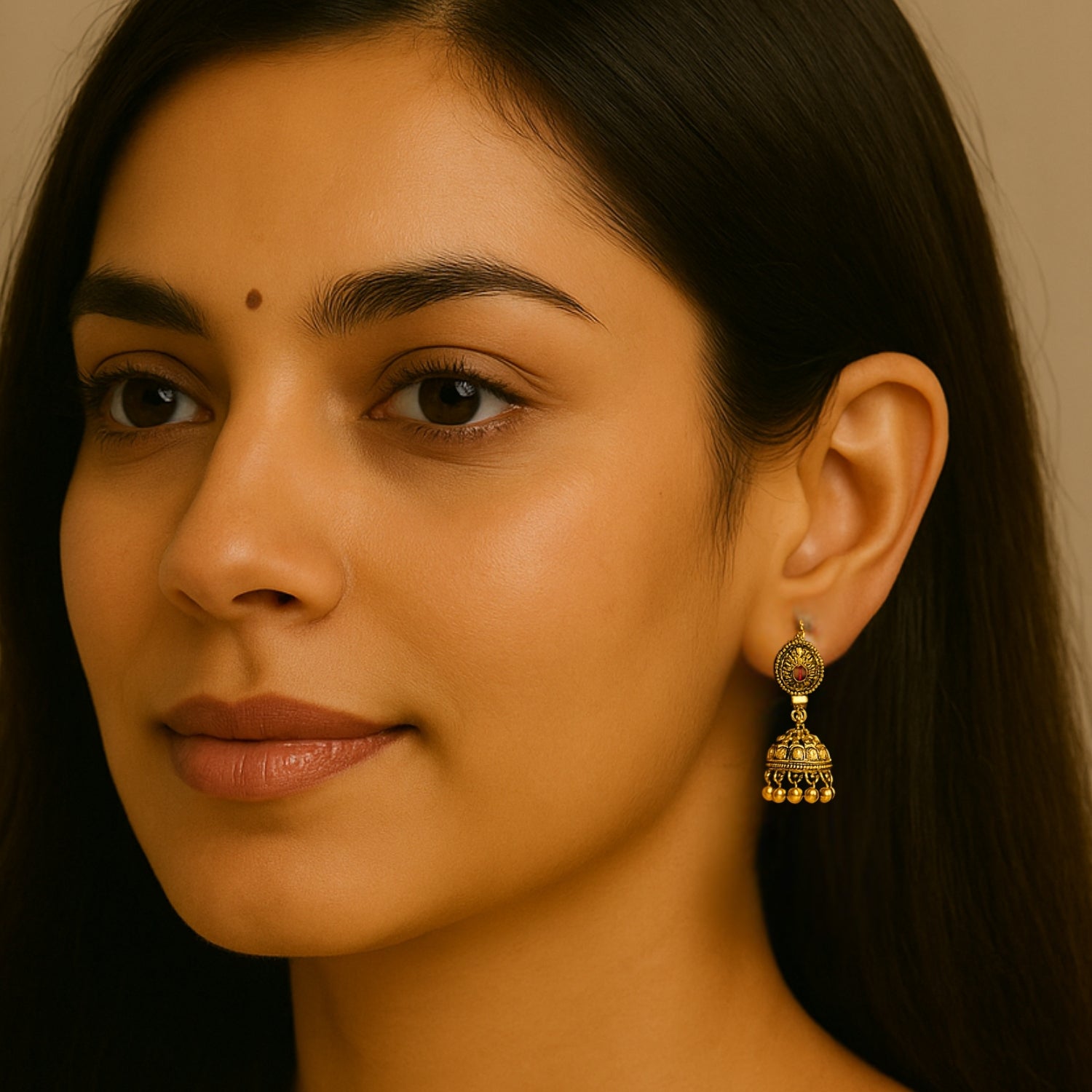 Traditional Antique Golden (Mini) Jhumka Earrings for Women & Girls | Red Stone Temple Design | Bridal & Festive Indian Jewellery | Lightweight