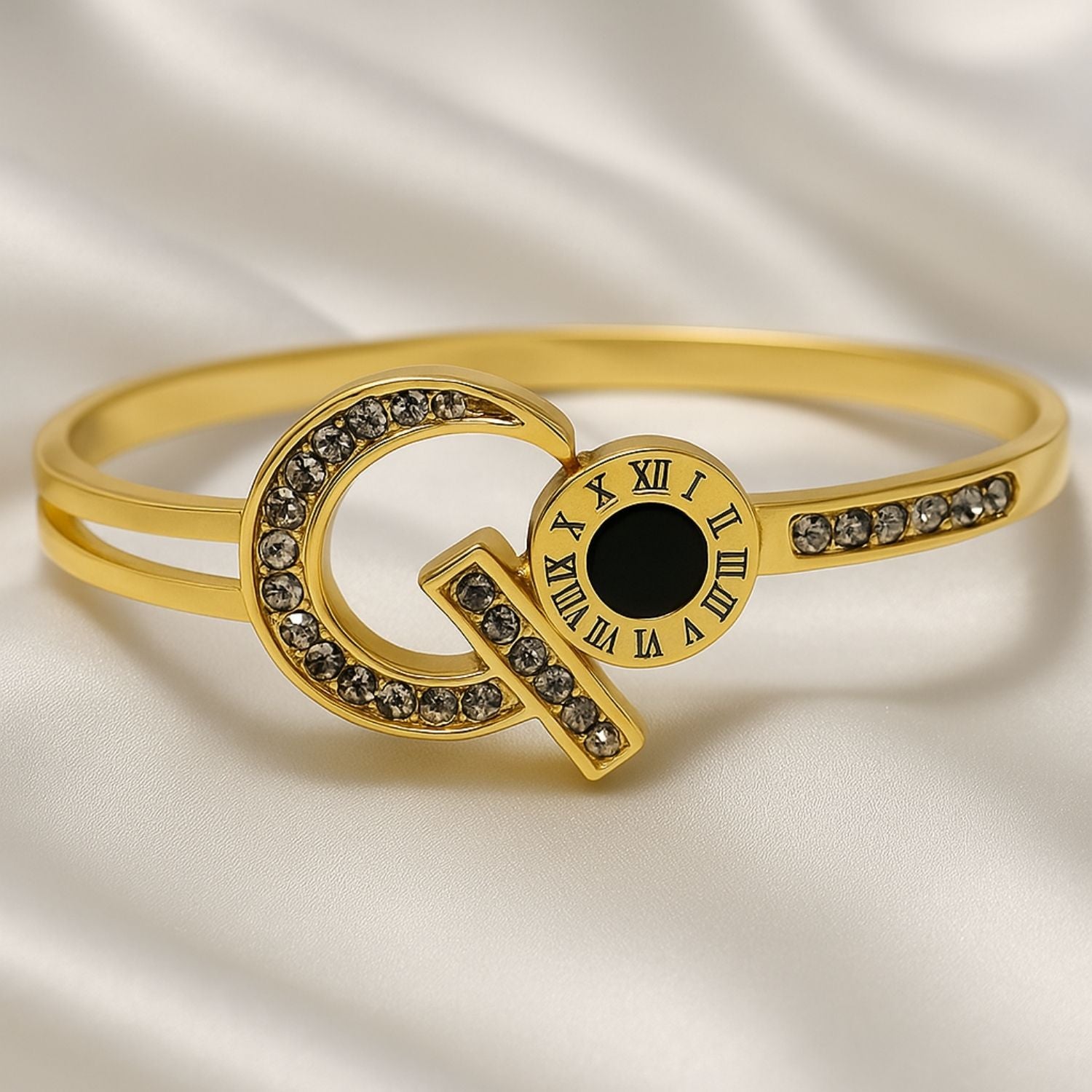 Luxury Gold-Plated Roman Dial Crystal Bracelet – Lightweight Designer Bangle for Women & Girls