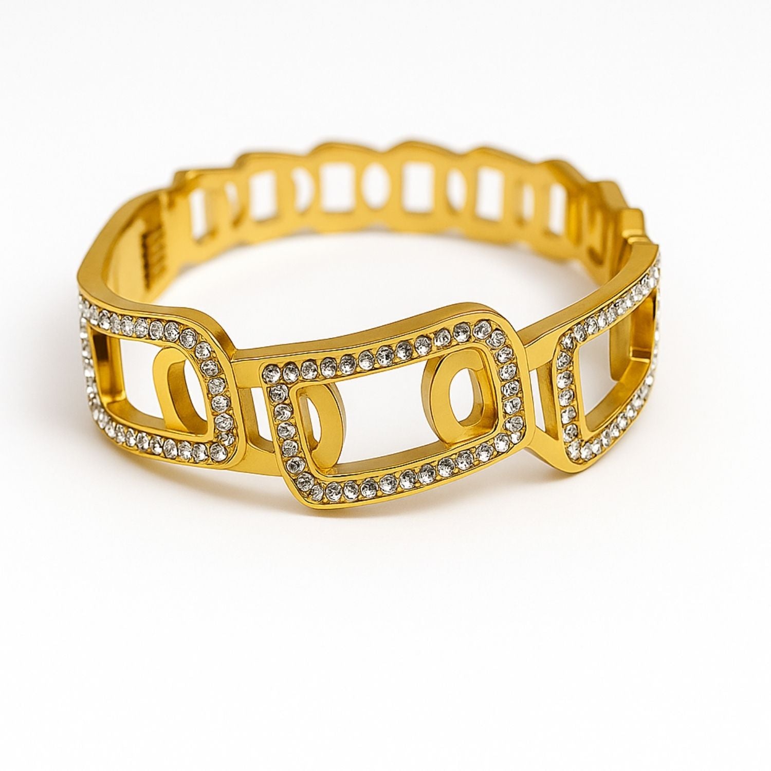 Bold Gold Geometric Crystal Bracelet – Statement Cutout Bangle for Women & Girls