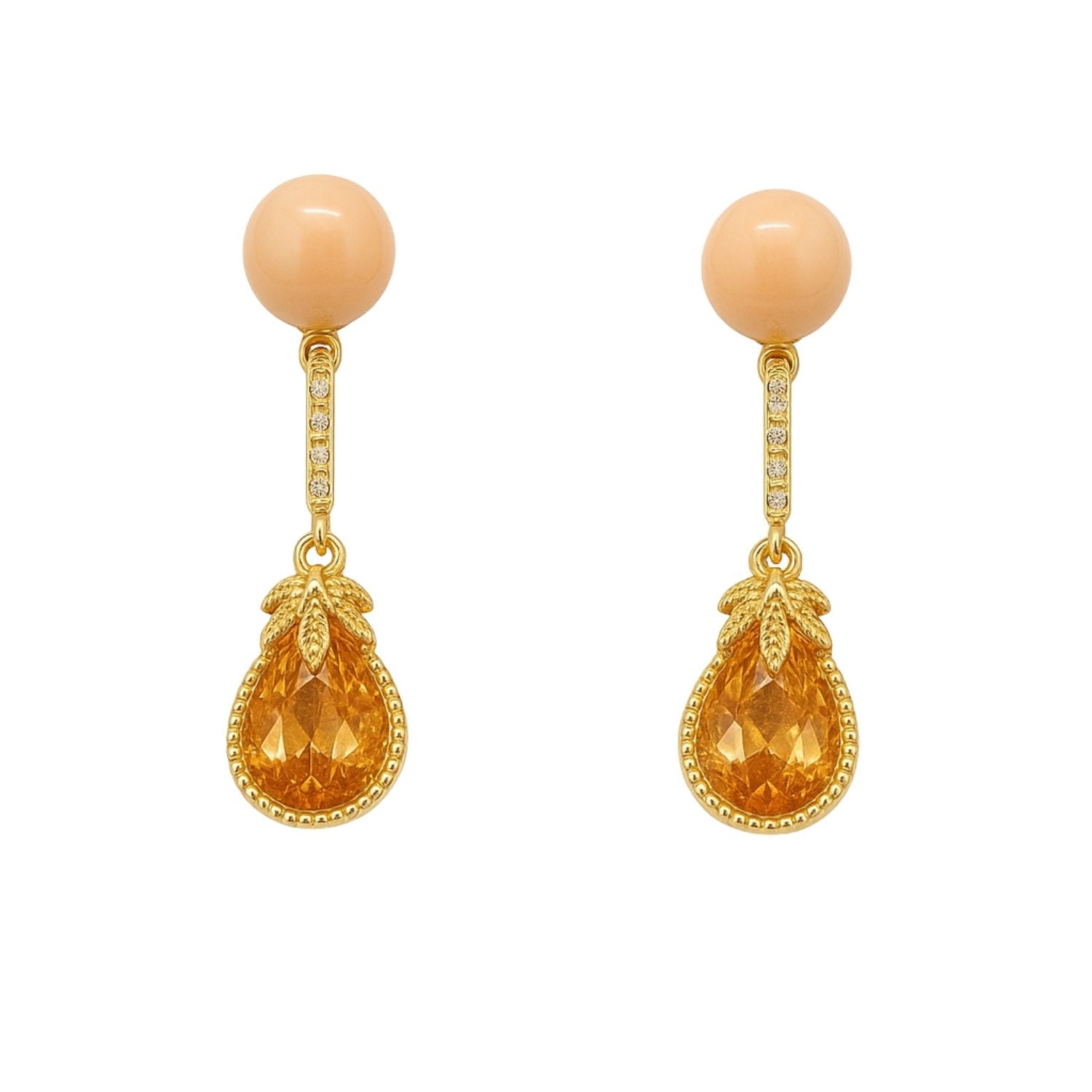 Golden Drop Earrings with Orange Stone – Elegant Festive Earrings for Women & Girls